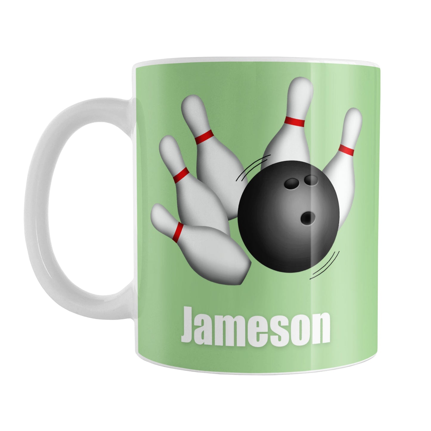 Bowling Ball and Pins Green - Personalized Bowling Mug (11oz) at Amy's Coffee Mugs. A ceramic coffee mug designed with an illustration of a bowling ball striking bowling pins on both sides of the mug over green background color that wraps around the mug up to the handle. Your personalized name is custom printed in white below the bowling ball and pins.