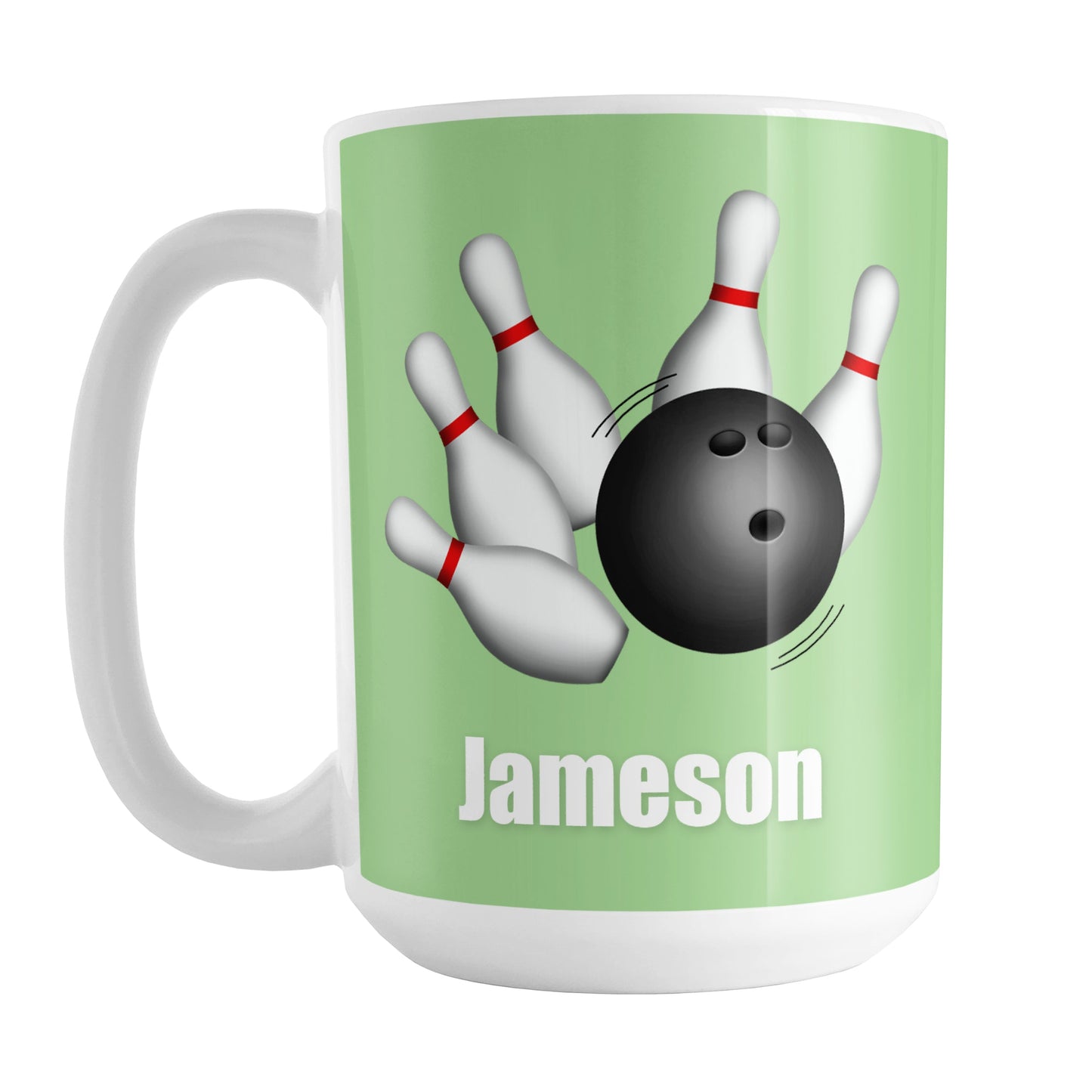 Bowling Ball and Pins Green - Personalized Bowling Mug (15oz) at Amy's Coffee Mugs. A ceramic coffee mug designed with an illustration of a bowling ball striking bowling pins on both sides of the mug over green background color that wraps around the mug up to the handle. Your personalized name is custom printed in white below the bowling ball and pins.