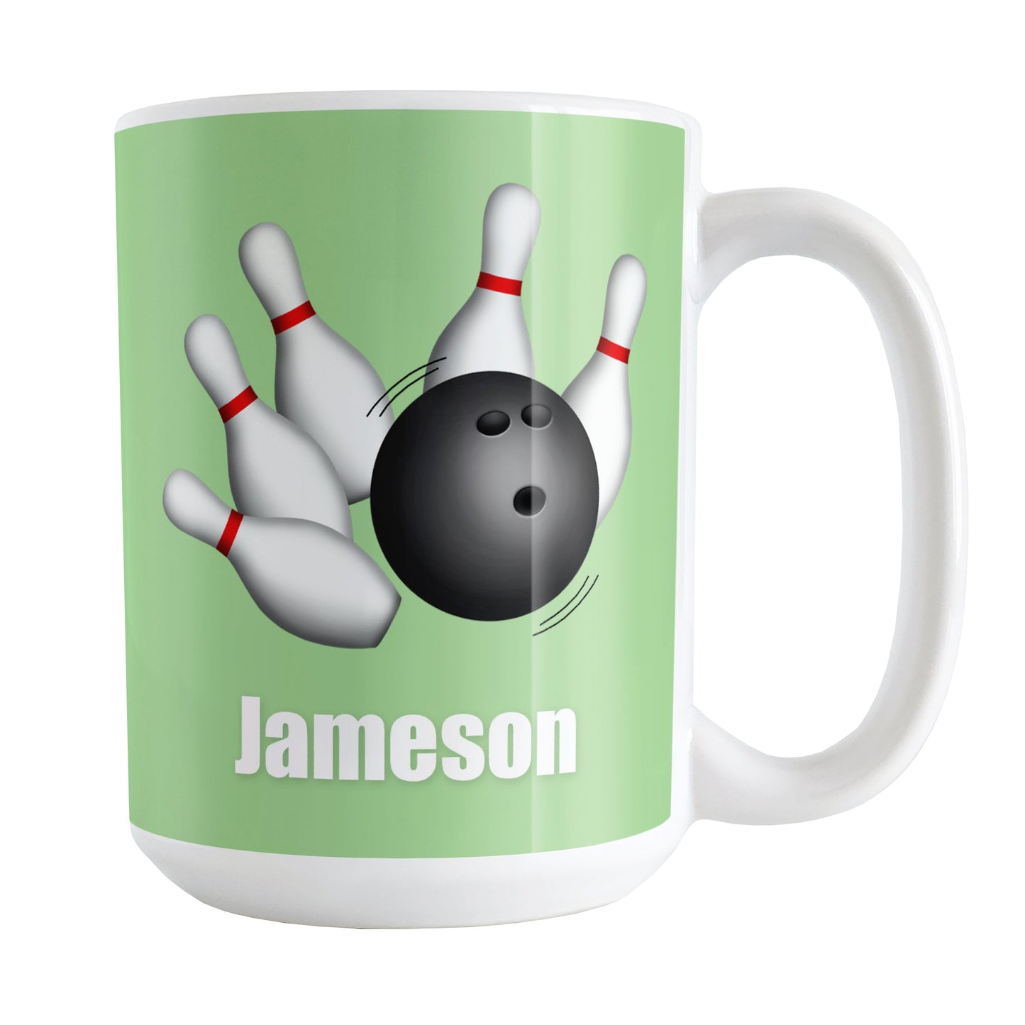 Bowling Ball and Pins Green - Personalized Bowling Mug (15oz) at Amy's Coffee Mugs. A ceramic coffee mug designed with an illustration of a bowling ball striking bowling pins on both sides of the mug over green background color that wraps around the mug up to the handle. Your personalized name is custom printed in white below the bowling ball and pins.
