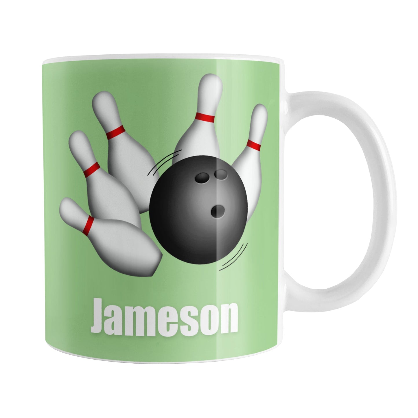 Bowling Ball and Pins Green - Personalized Bowling Mug (11oz) at Amy's Coffee Mugs. A ceramic coffee mug designed with an illustration of a bowling ball striking bowling pins on both sides of the mug over green background color that wraps around the mug up to the handle. Your personalized name is custom printed in white below the bowling ball and pins.