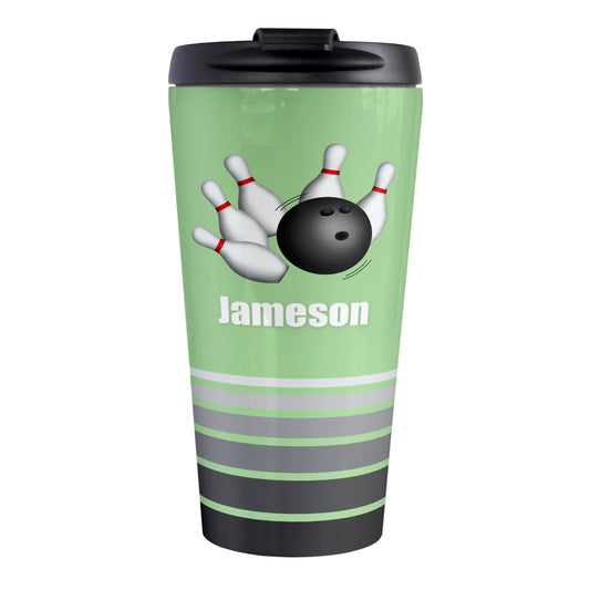 Bowling Ball and Pins Green - Personalized Bowling Travel Mug (15oz, stainless steel insulated) at Amy's Coffee Mugs. A travel mug designed with an illustration of a bowling ball striking bowling pins over a green background color that wraps around the travel mug. Along the bottom of the mug are gray stripes in varying shades creating a dynamic look. Your custom name is printed in white below the bowling ball and pins.