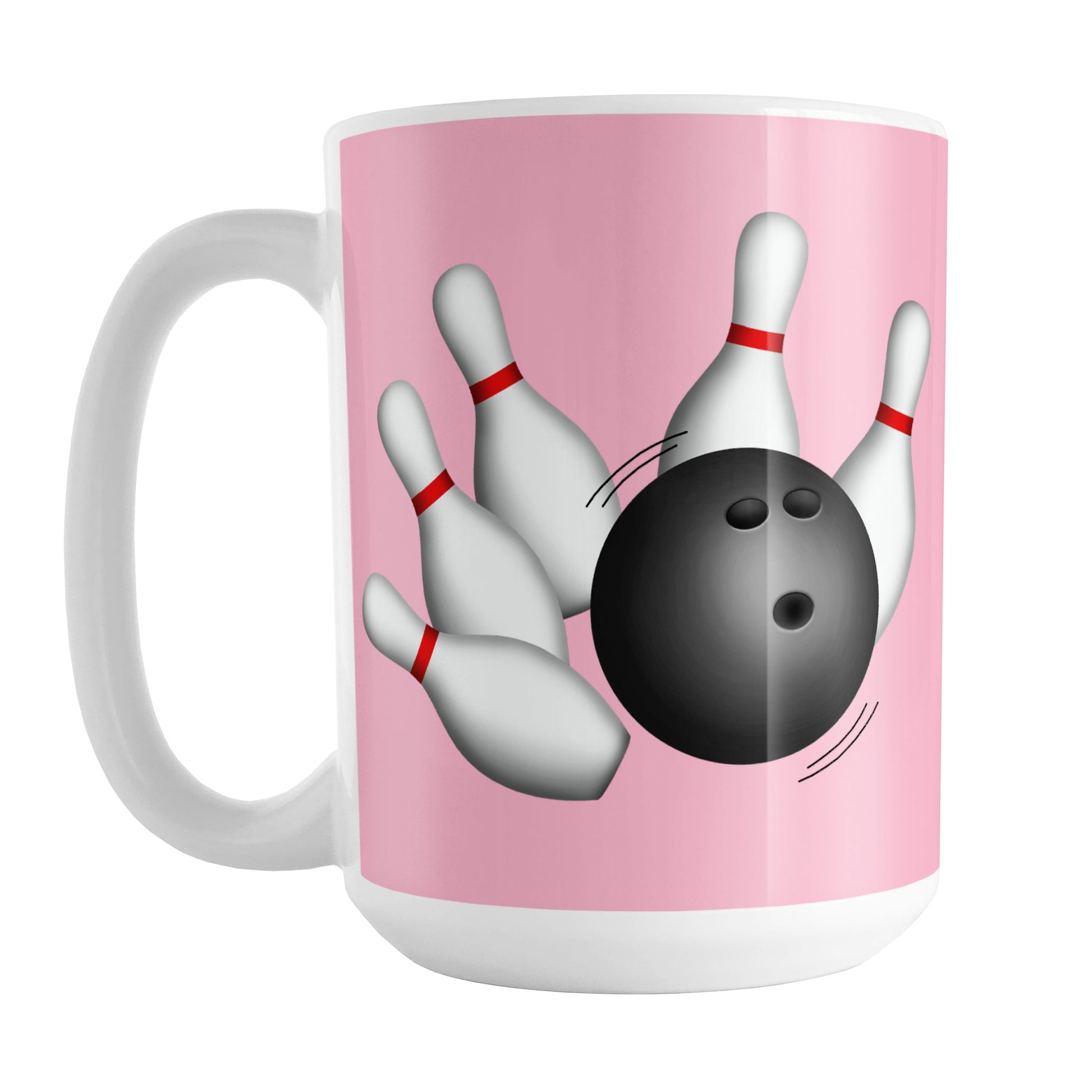 Bowling Ball and Pins Pink Bowling Mug (15oz) at Amy's Coffee Mugs. A ceramic coffee mug designed with an illustration of a bowling ball striking bowling pins on both sides of the mug over a pink background color that wraps around the mug up to the handle.