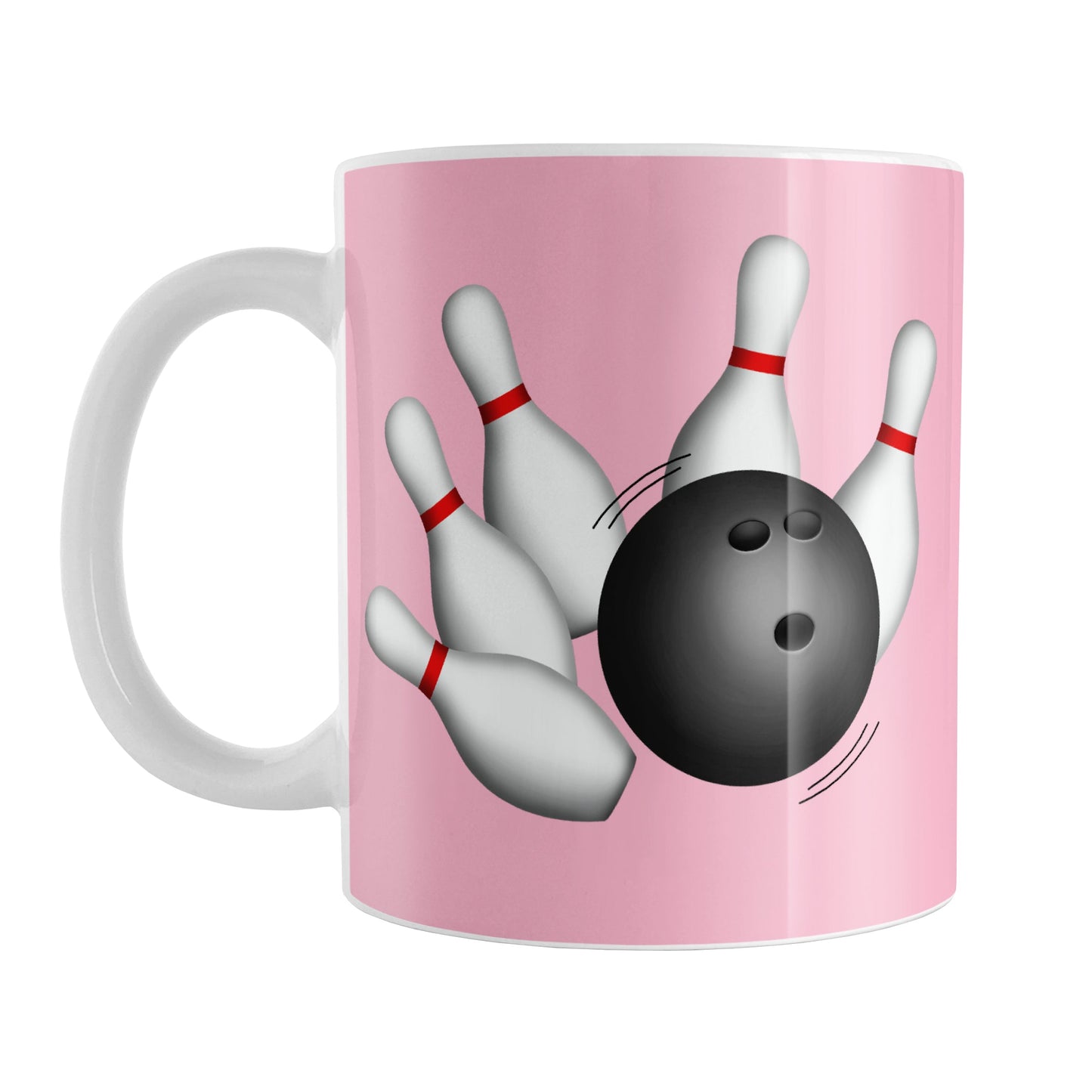 Bowling Ball and Pins Pink Bowling Mug (11oz) at Amy's Coffee Mugs. A ceramic coffee mug designed with an illustration of a bowling ball striking bowling pins on both sides of the mug over a pink background color that wraps around the mug up to the handle.