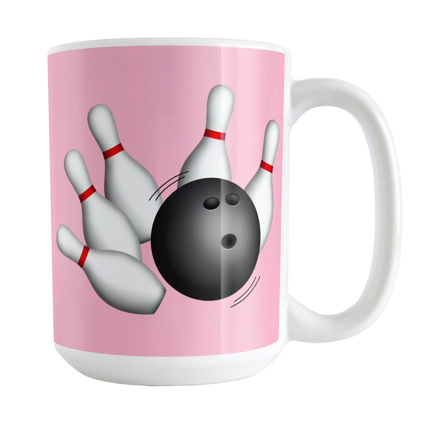 Bowling Ball and Pins Pink Bowling Mug (15oz) at Amy's Coffee Mugs. A ceramic coffee mug designed with an illustration of a bowling ball striking bowling pins on both sides of the mug over a pink background color that wraps around the mug up to the handle.