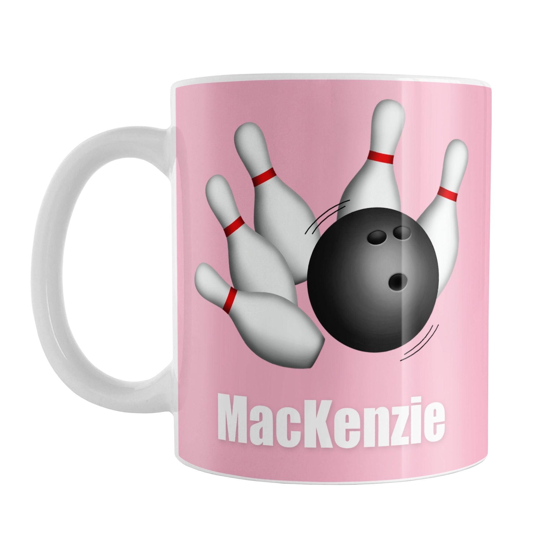 Bowling Ball and Pins Pink - Personalized Bowling Mug (11oz) at Amy's Coffee Mugs. A ceramic coffee mug designed with an illustration of a bowling ball striking bowling pins on both sides of the mug over pink background color that wraps around the mug up to the handle. Your personalized name is custom printed in white below the bowling ball and pins.