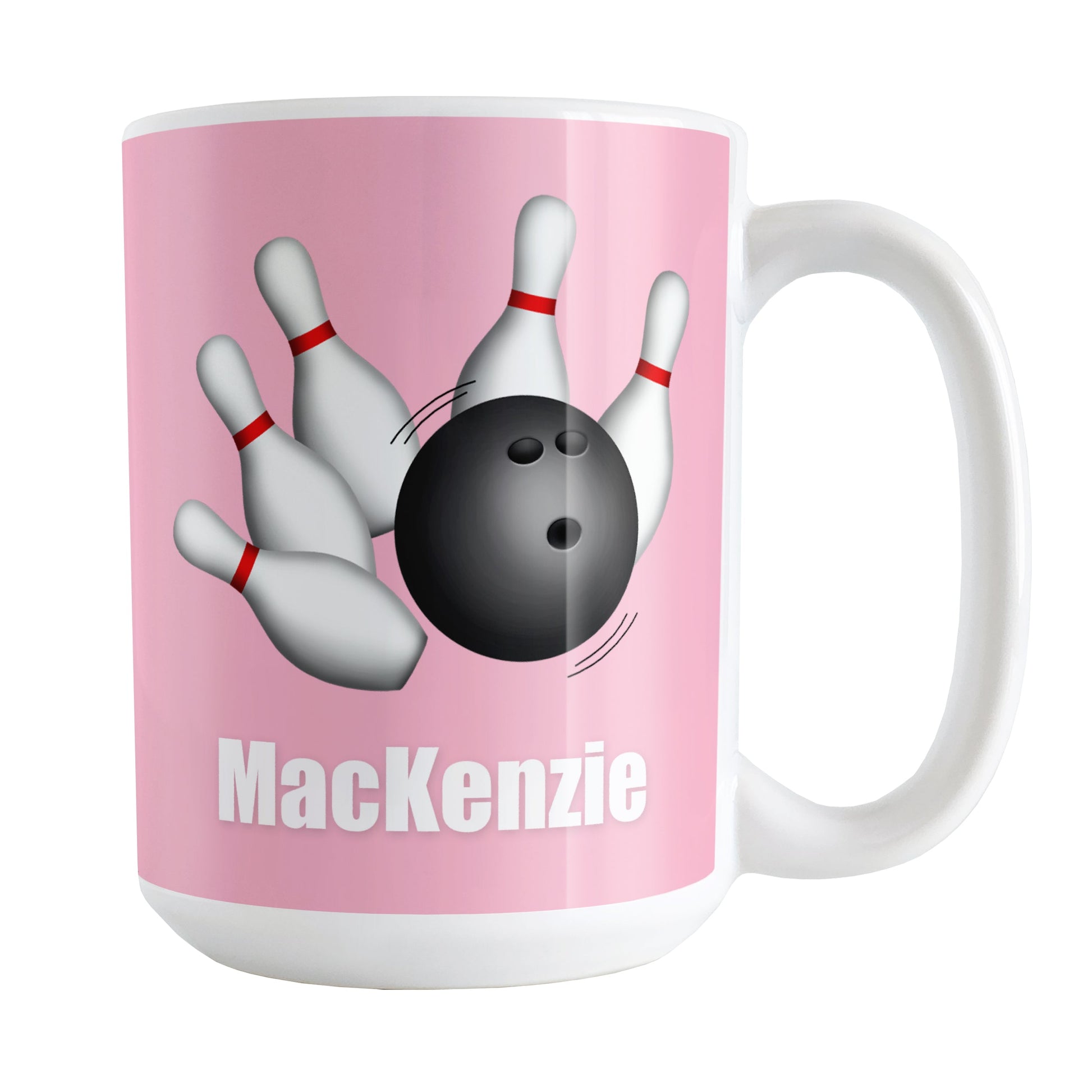 Bowling Ball and Pins Pink - Personalized Bowling Mug (15oz) at Amy's Coffee Mugs. A ceramic coffee mug designed with an illustration of a bowling ball striking bowling pins on both sides of the mug over pink background color that wraps around the mug up to the handle. Your personalized name is custom printed in white below the bowling ball and pins.