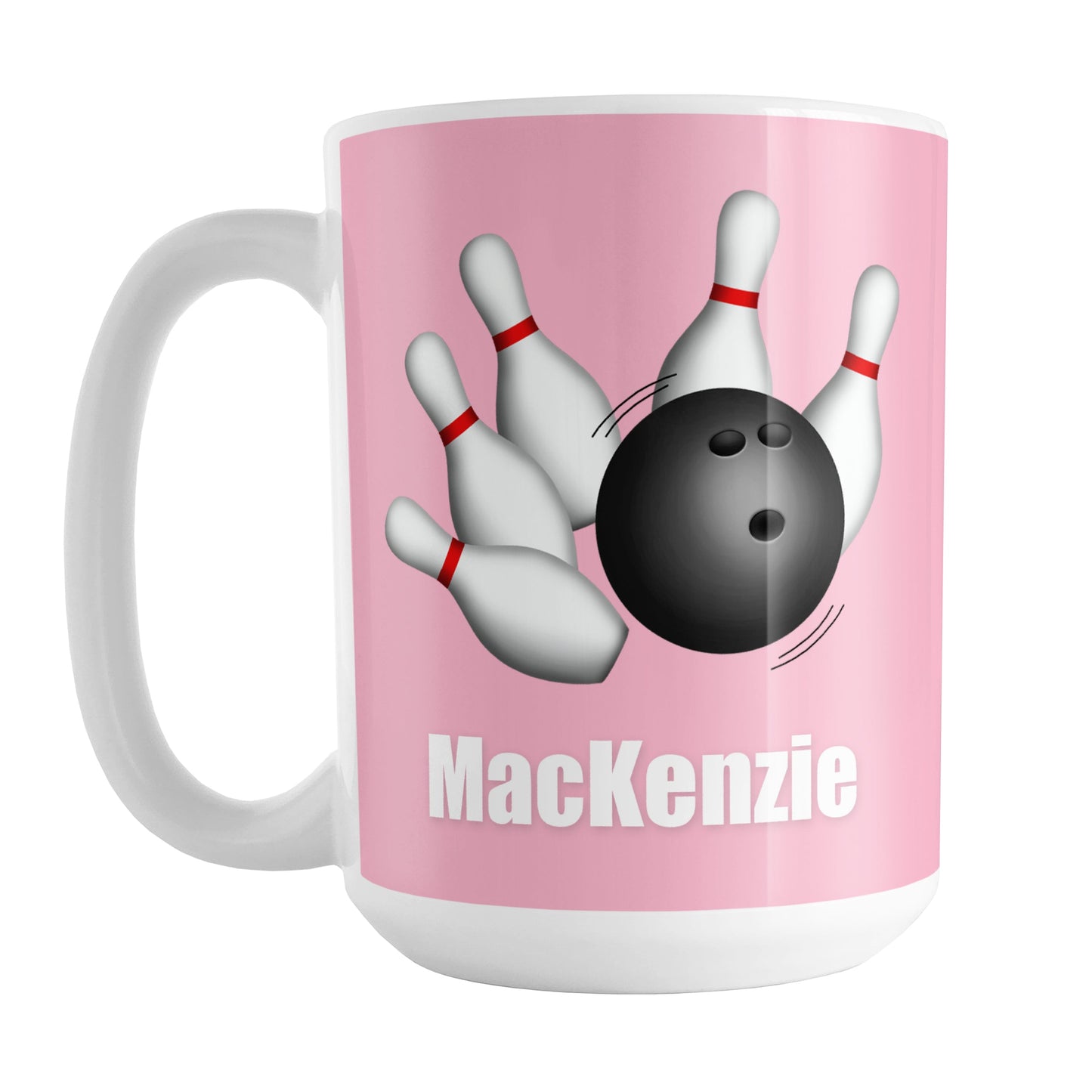 Bowling Ball and Pins Pink - Personalized Bowling Mug (15oz) at Amy's Coffee Mugs. A ceramic coffee mug designed with an illustration of a bowling ball striking bowling pins on both sides of the mug over pink background color that wraps around the mug up to the handle. Your personalized name is custom printed in white below the bowling ball and pins.