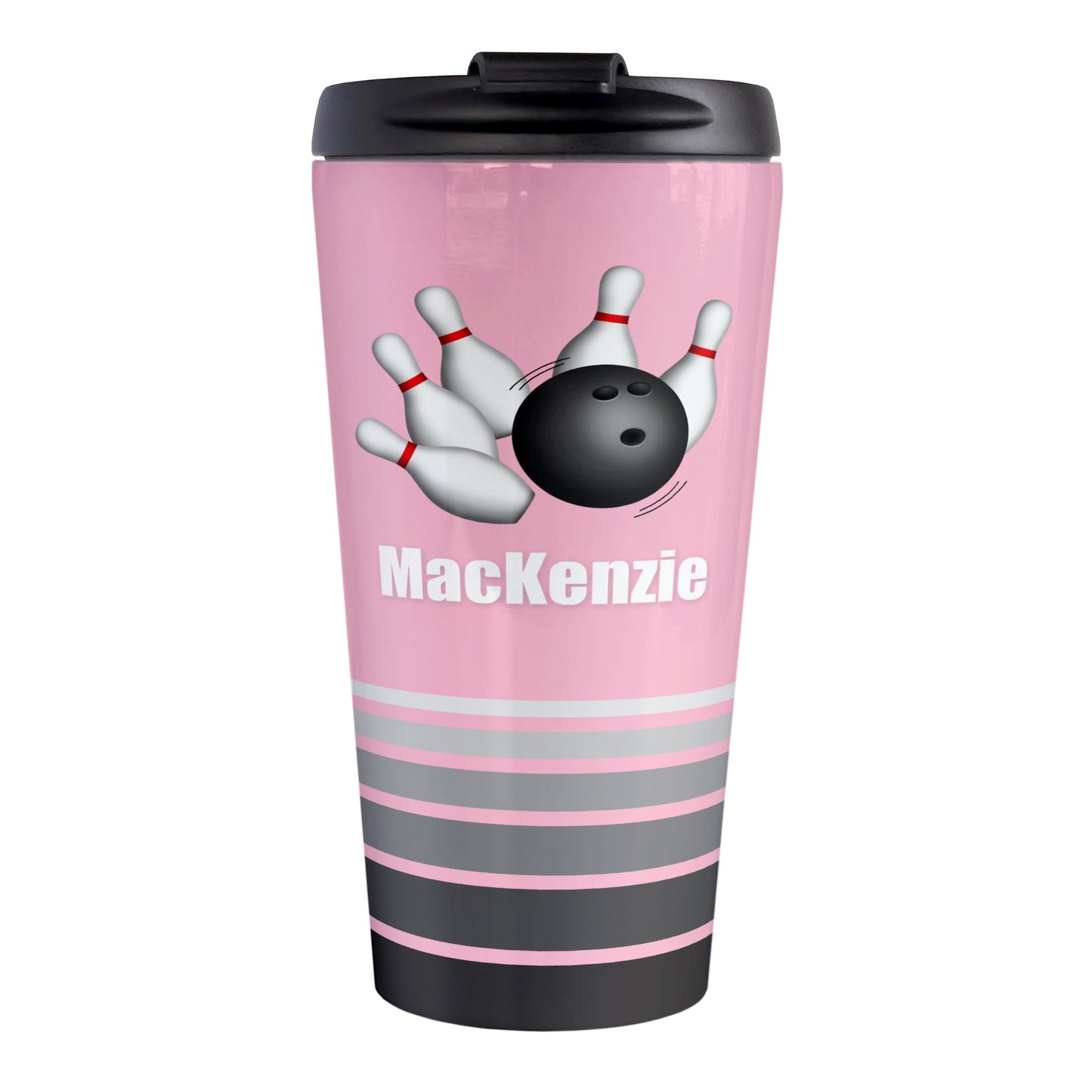 Bowling Ball and Pins Pink - Personalized Bowling Travel Mug (15oz, stainless steel insulated) at Amy's Coffee Mugs. A travel mug designed with an illustration of a bowling ball striking bowling pins over a pink background color that wraps around the travel mug. Along the bottom of the mug are gray stripes in varying shades creating a dynamic look. Your custom name is printed in white below the bowling ball and pins.