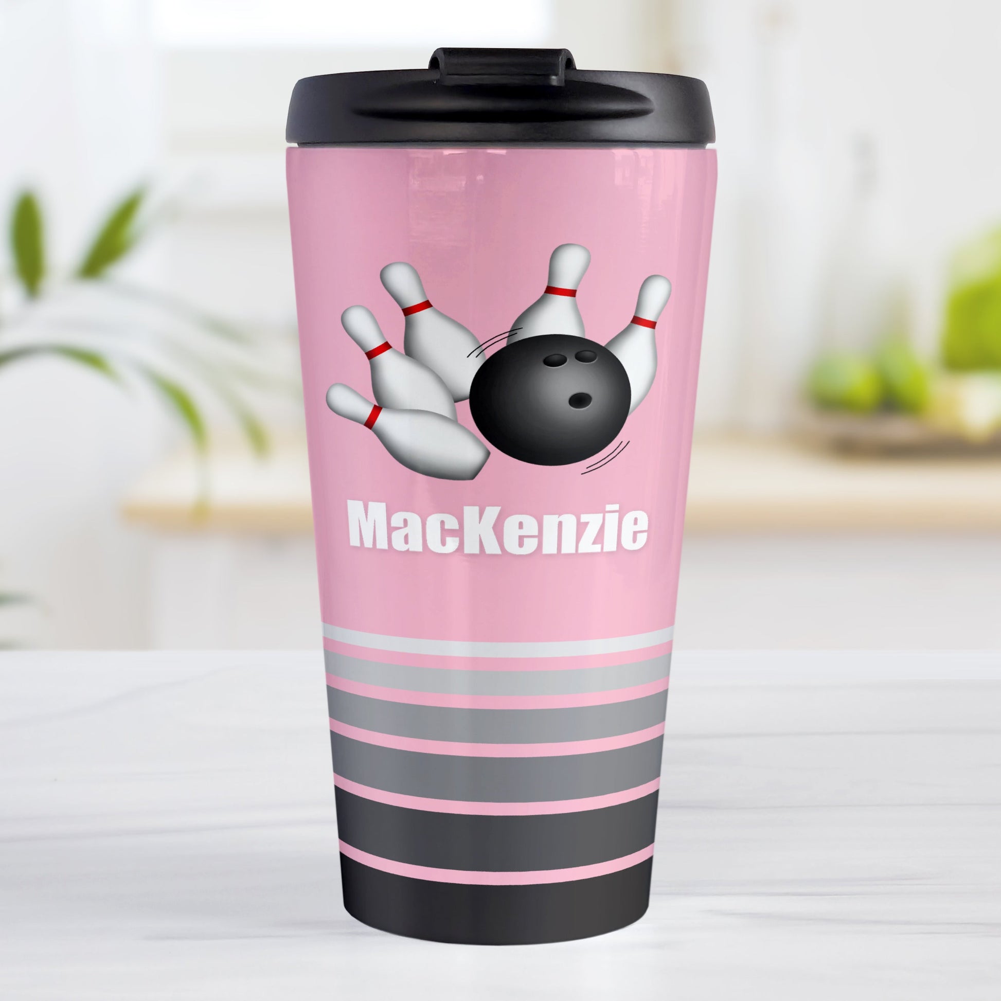 Bowling Ball and Pins Pink - Personalized Bowling Travel Mug (15oz, stainless steel insulated) at Amy's Coffee Mugs. A travel mug designed with an illustration of a bowling ball striking bowling pins over a pink background color that wraps around the travel mug. Along the bottom of the mug are gray stripes in varying shades creating a dynamic look. Your custom name is printed in white below the bowling ball and pins.
