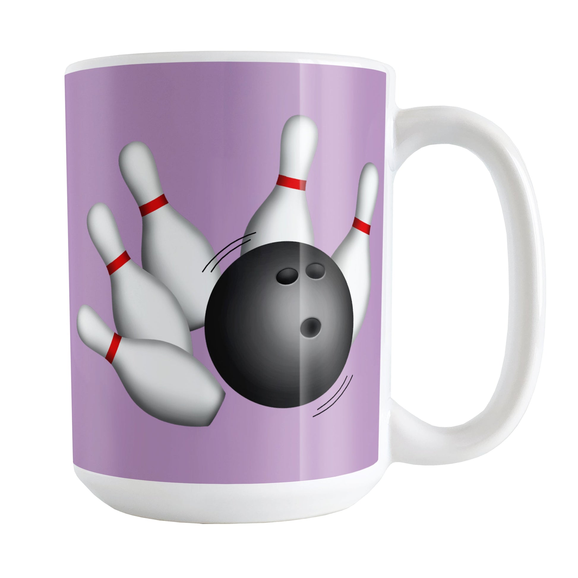 Bowling Ball and Pins Purple Bowling Mug (15oz) at Amy's Coffee Mugs. A ceramic coffee mug designed with an illustration of a bowling ball striking bowling pins on both sides of the mug over a purple background color that wraps around the mug up to the handle.