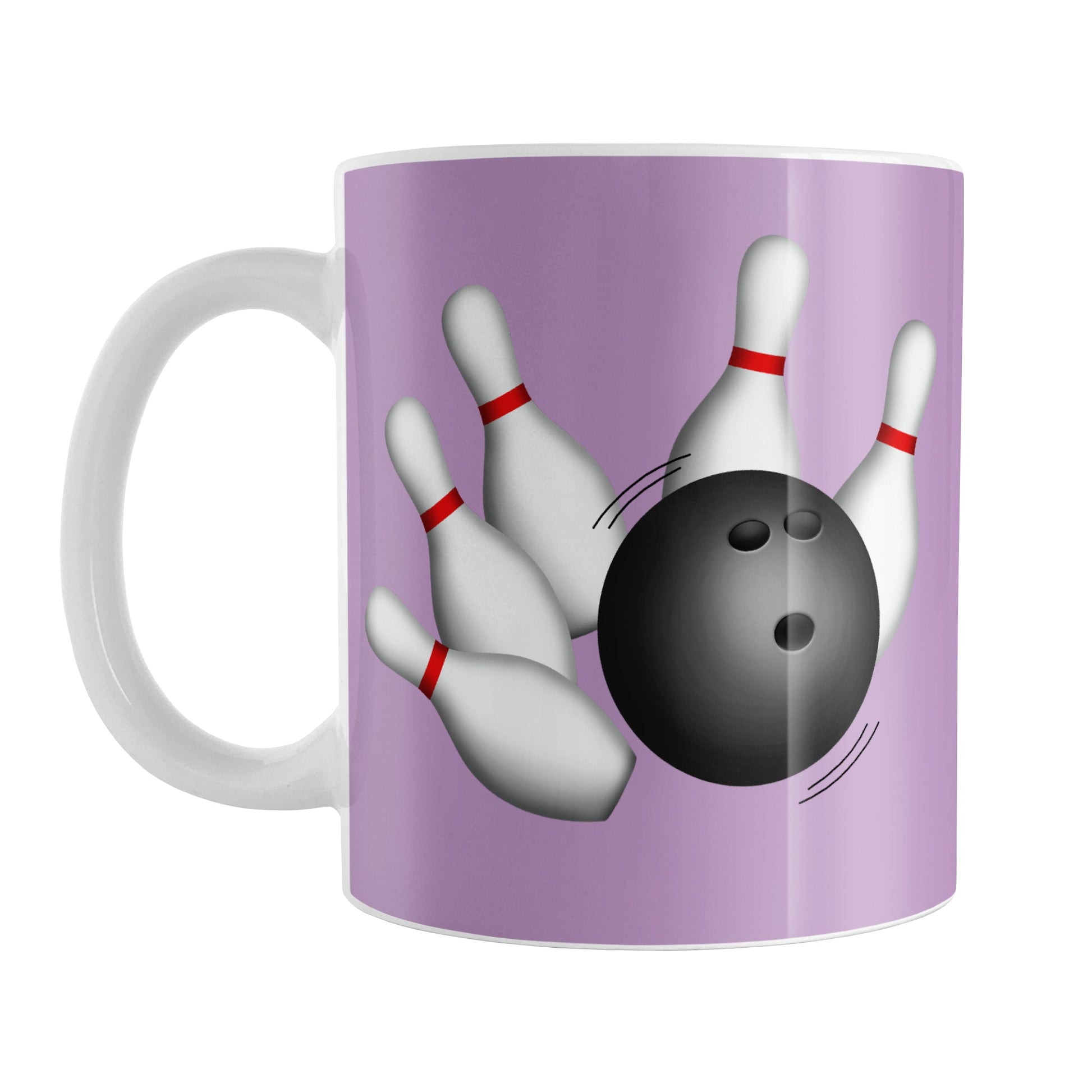 Bowling Ball and Pins Purple Bowling Mug (11oz) at Amy's Coffee Mugs. A ceramic coffee mug designed with an illustration of a bowling ball striking bowling pins on both sides of the mug over a purple background color that wraps around the mug up to the handle.