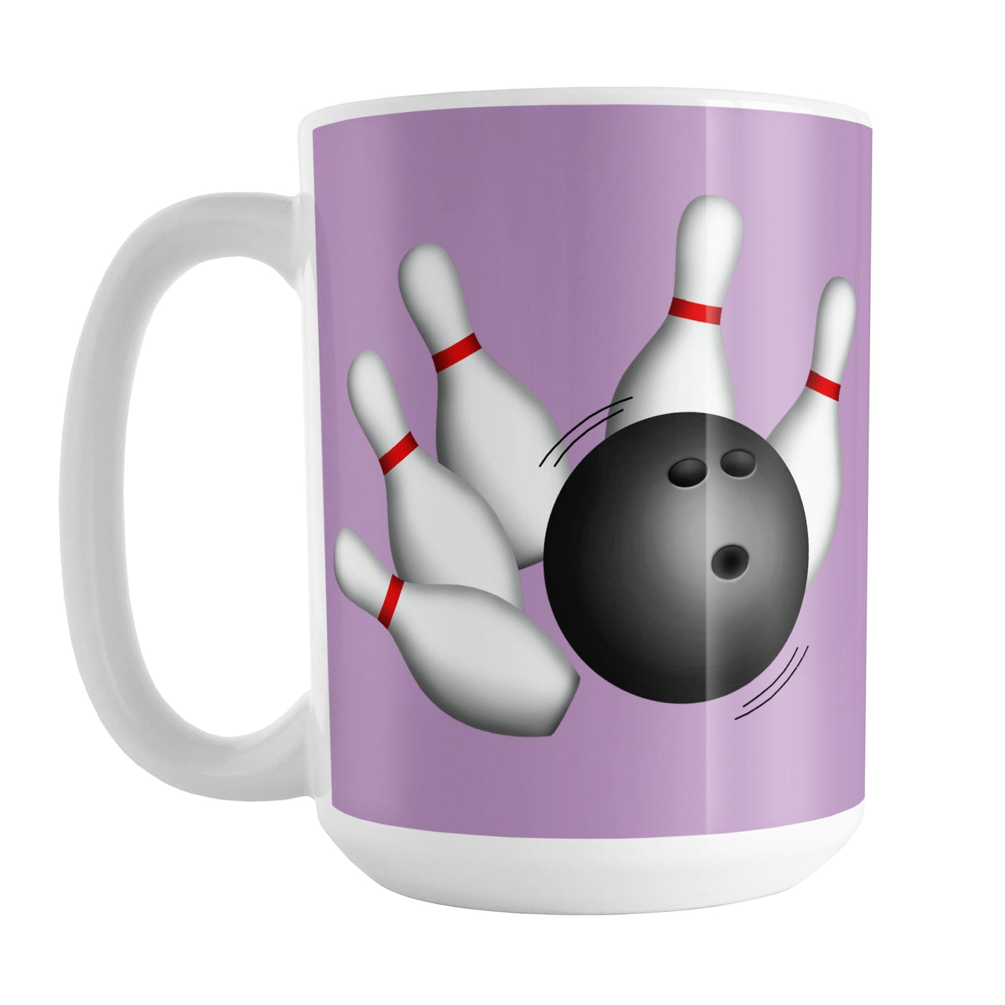 Bowling Ball and Pins Purple Bowling Mug (15oz) at Amy's Coffee Mugs. A ceramic coffee mug designed with an illustration of a bowling ball striking bowling pins on both sides of the mug over a purple background color that wraps around the mug up to the handle.