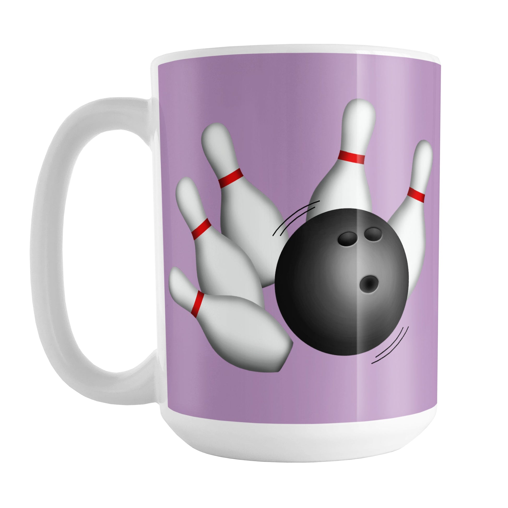Bowling Ball and Pins Purple Bowling Mug (15oz) at Amy's Coffee Mugs. A ceramic coffee mug designed with an illustration of a bowling ball striking bowling pins on both sides of the mug over a purple background color that wraps around the mug up to the handle.