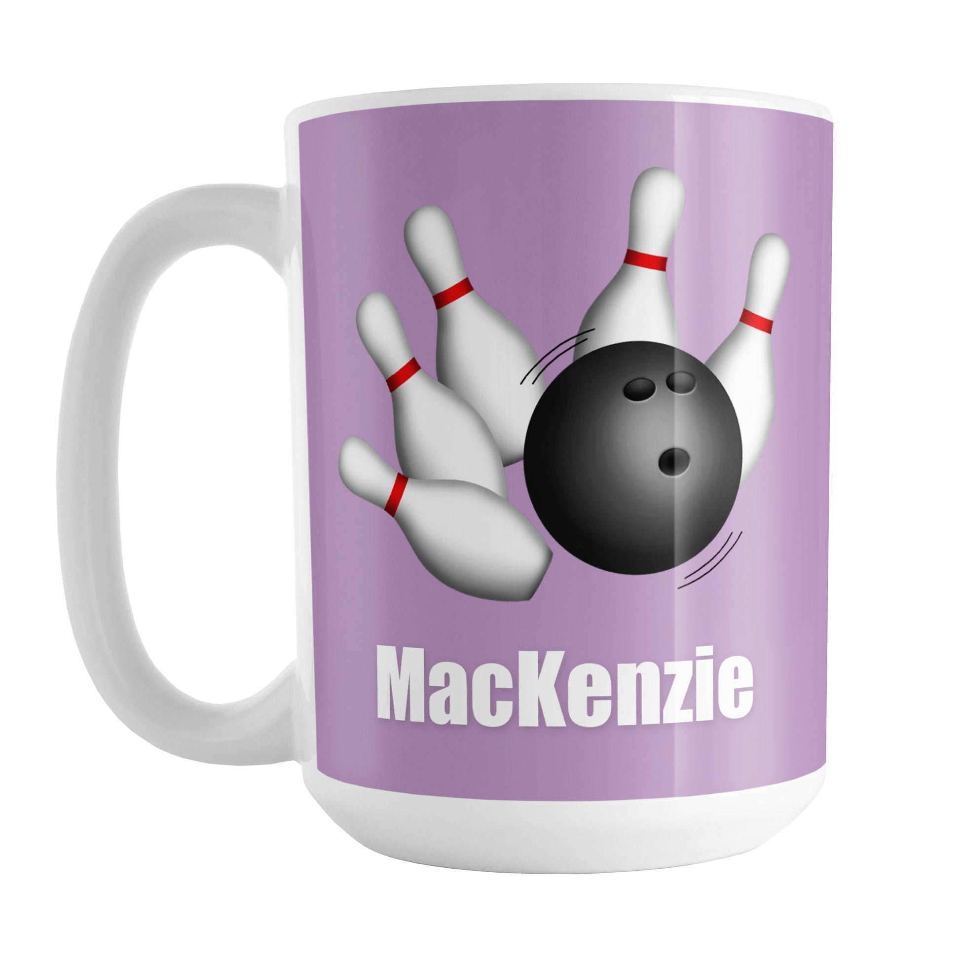 Personalized Bowling Ball and Pins Purple Mug (15oz) at Amy's Coffee Mugs. A ceramic coffee mug designed with an illustration of a bowling ball striking bowling pins on both sides of the mug over a purple background color that wraps around the mug up to the handle. Your personalized name is custom printed in white below the bowling ball and pins.