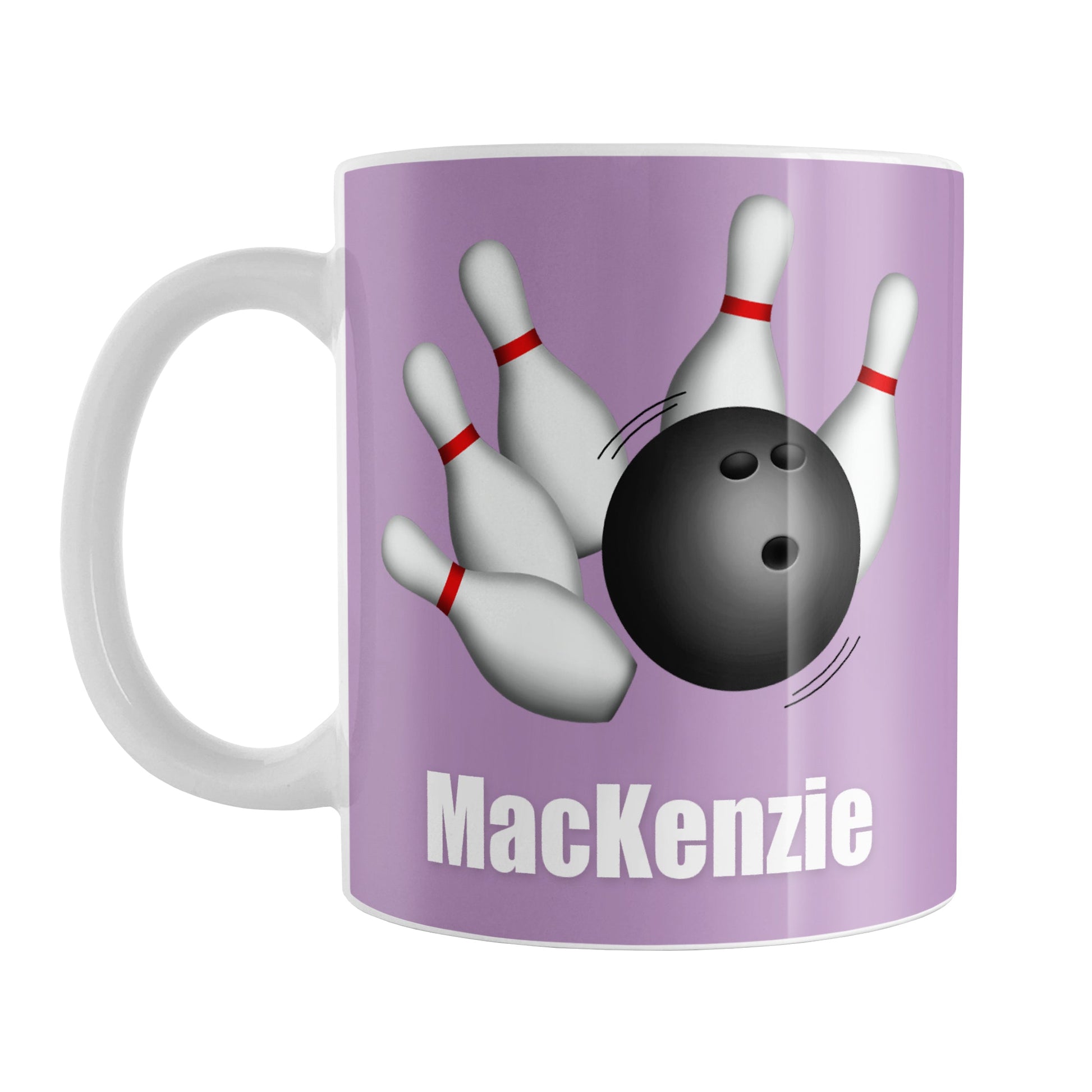 Personalized Bowling Ball and Pins Purple Mug (11oz) at Amy's Coffee Mugs. A ceramic coffee mug designed with an illustration of a bowling ball striking bowling pins on both sides of the mug over a purple background color that wraps around the mug up to the handle. Your personalized name is custom printed in white below the bowling ball and pins.