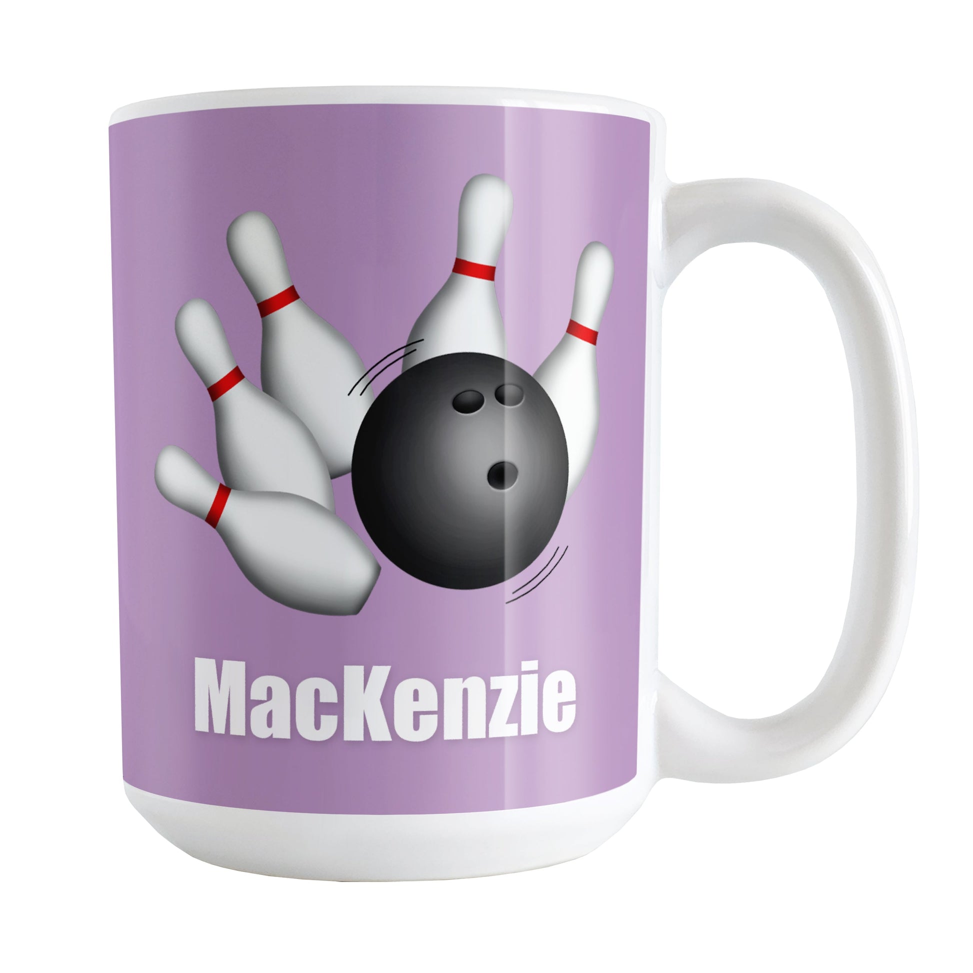 Personalized Bowling Ball and Pins Purple Mug (15oz) at Amy's Coffee Mugs. A ceramic coffee mug designed with an illustration of a bowling ball striking bowling pins on both sides of the mug over a purple background color that wraps around the mug up to the handle. Your personalized name is custom printed in white below the bowling ball and pins.