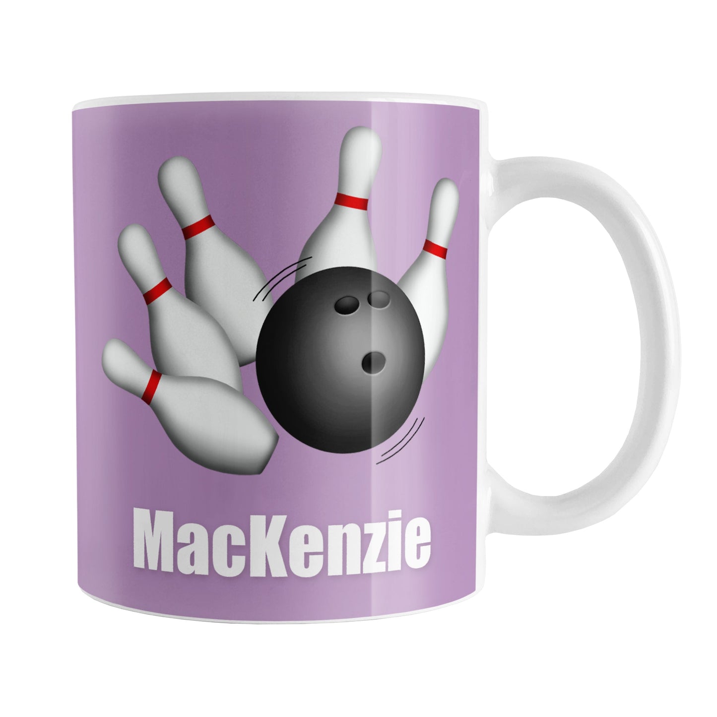 Personalized Bowling Ball and Pins Purple Mug (11oz) at Amy's Coffee Mugs. A ceramic coffee mug designed with an illustration of a bowling ball striking bowling pins on both sides of the mug over a purple background color that wraps around the mug up to the handle. Your personalized name is custom printed in white below the bowling ball and pins.