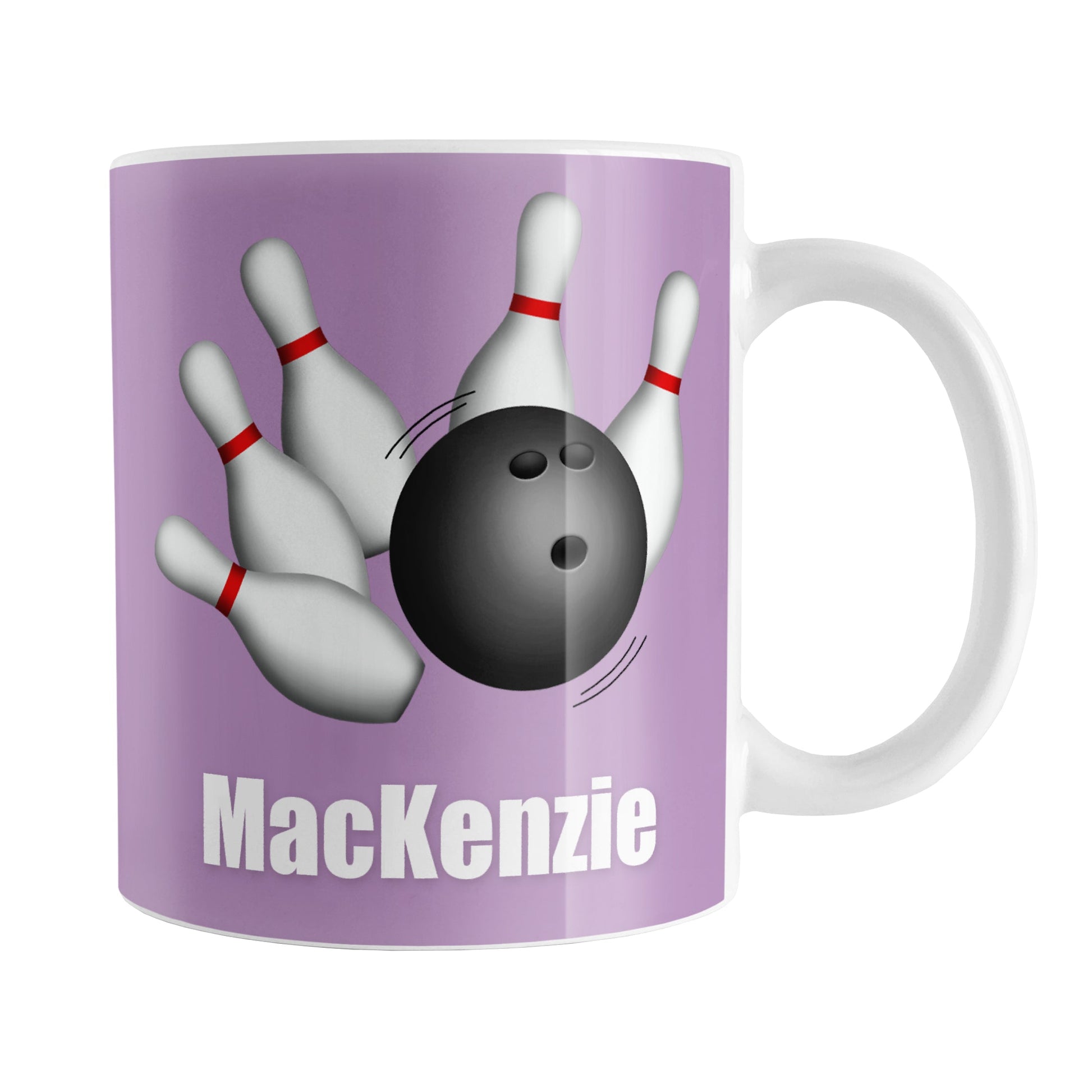 Personalized Bowling Ball and Pins Purple Mug (11oz) at Amy's Coffee Mugs. A ceramic coffee mug designed with an illustration of a bowling ball striking bowling pins on both sides of the mug over a purple background color that wraps around the mug up to the handle. Your personalized name is custom printed in white below the bowling ball and pins.