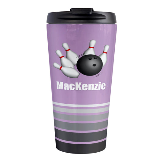 Bowling Ball and Pins Purple - Personalized Bowling Travel Mug (15oz, stainless steel insulated) at Amy's Coffee Mugs. A travel mug designed with an illustration of a bowling ball striking bowling pins over a purple background color that wraps around the travel mug. Along the bottom of the mug are gray stripes in varying shades creating a dynamic look. Your custom name is printed in white below the bowling ball and pins.