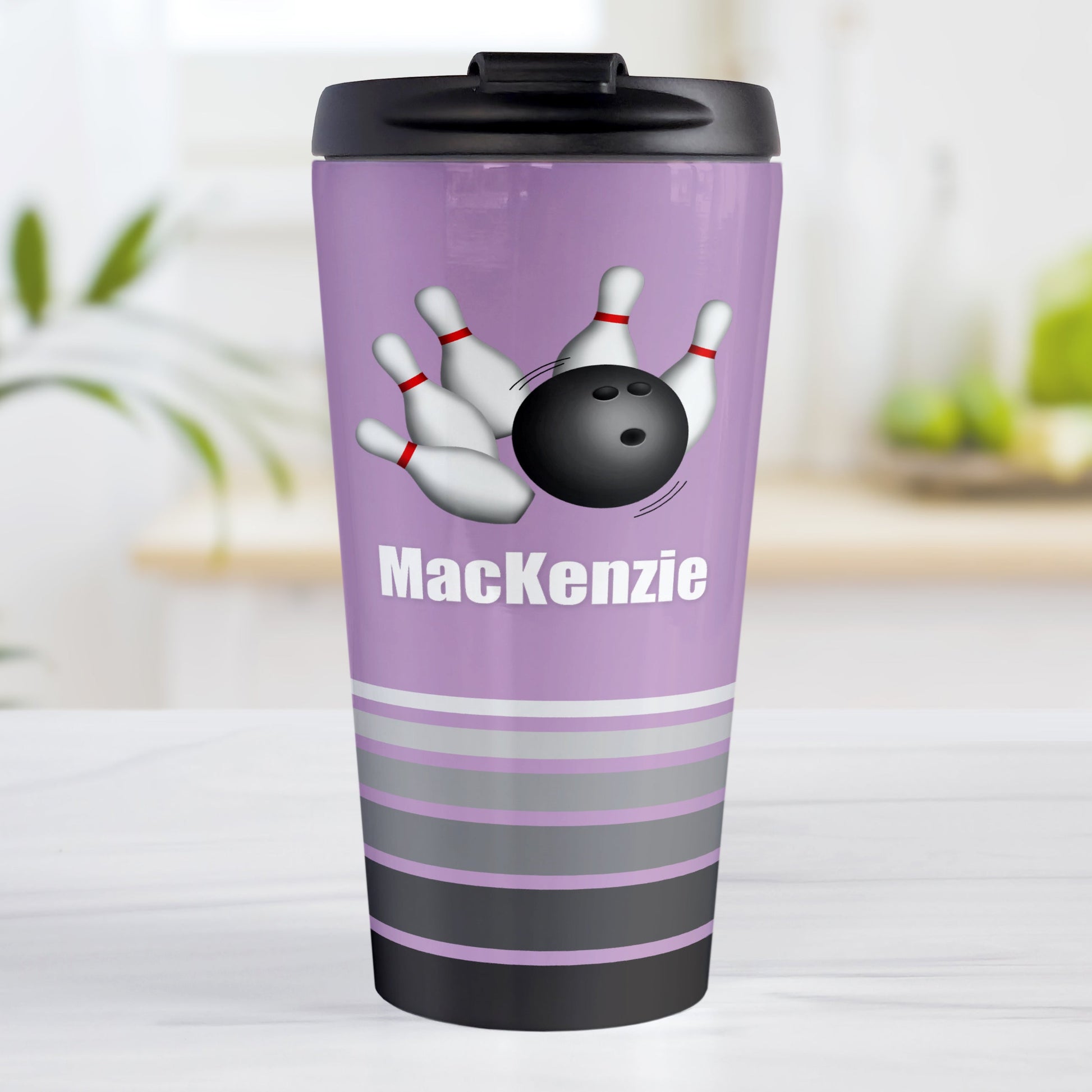 Bowling Ball and Pins Purple - Personalized Bowling Travel Mug (15oz, stainless steel insulated) at Amy's Coffee Mugs. A travel mug designed with an illustration of a bowling ball striking bowling pins over a purple background color that wraps around the travel mug. Along the bottom of the mug are gray stripes in varying shades creating a dynamic look. Your custom name is printed in white below the bowling ball and pins.