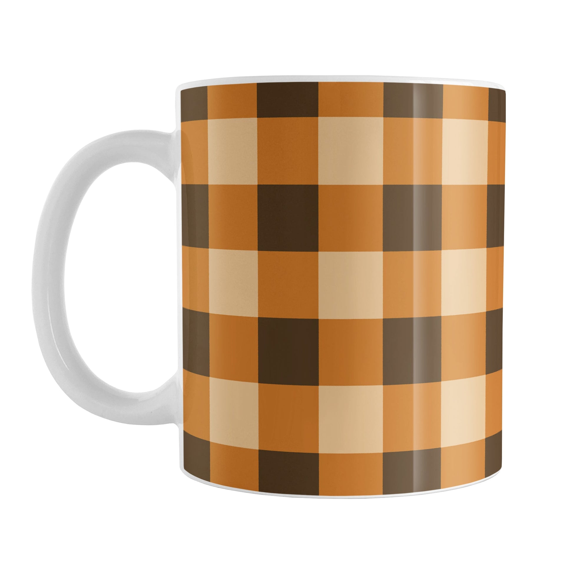 Brown and Orange Fall Buffalo Plaid Mug (11oz) at Amy's Coffee Mugs. A ceramic coffee mug designed with a fall-inspired buffalo plaid (buffalo check) pattern in brown, orange, and beige. This pattern wraps around the mug up to the handle.
