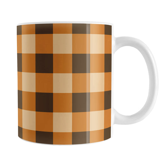 Brown and Orange Fall Buffalo Plaid Mug (11oz) at Amy's Coffee Mugs. A ceramic coffee mug designed with a fall-inspired buffalo plaid (buffalo check) pattern in brown, orange, and beige. This pattern wraps around the mug up to the handle.