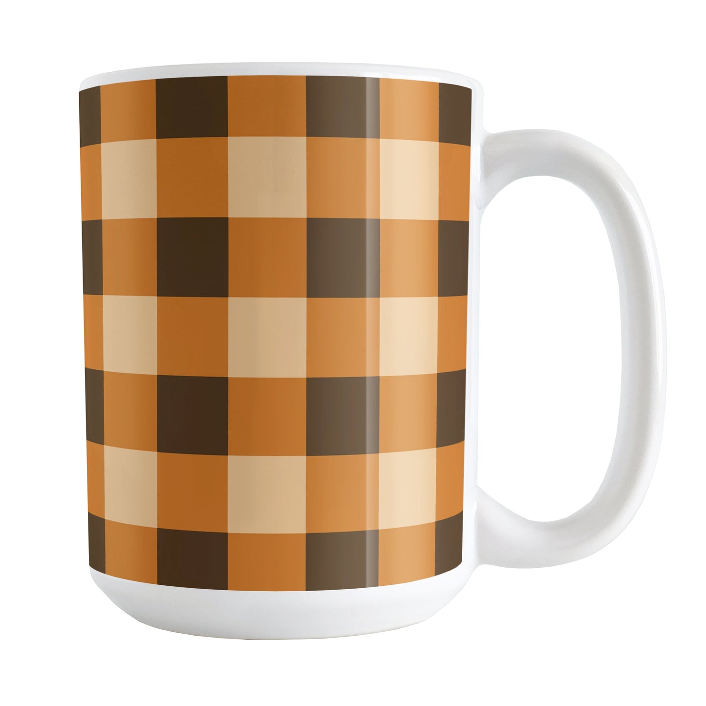 Brown and Orange Fall Buffalo Plaid Mug (15oz) at Amy's Coffee Mugs. A ceramic coffee mug designed with a fall-inspired buffalo plaid (buffalo check) pattern in brown, orange, and beige. This pattern wraps around the mug up to the handle.