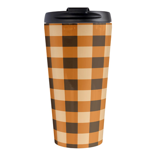 Brown and Orange Fall Buffalo Plaid Travel Mug (15oz, stainless steel insulated) at Amy's Coffee Mugs. A travel mug designed with a fall-inspired buffalo plaid (buffalo check) pattern in brown, orange, and beige. This pattern wraps around the mug.