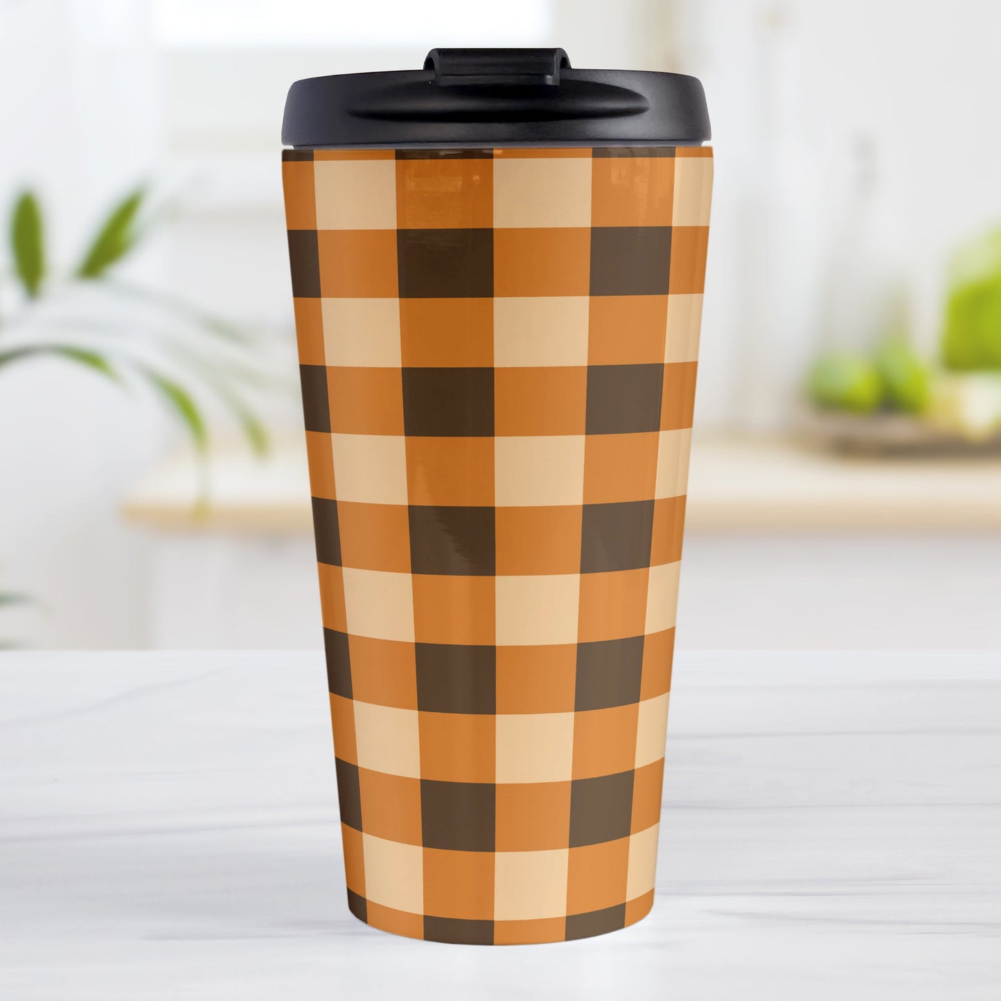 Brown and Orange Fall Buffalo Plaid Travel Mug (15oz, stainless steel insulated) at Amy's Coffee Mugs. A travel mug designed with a fall-inspired buffalo plaid (buffalo check) pattern in brown, orange, and beige. This pattern wraps around the mug.