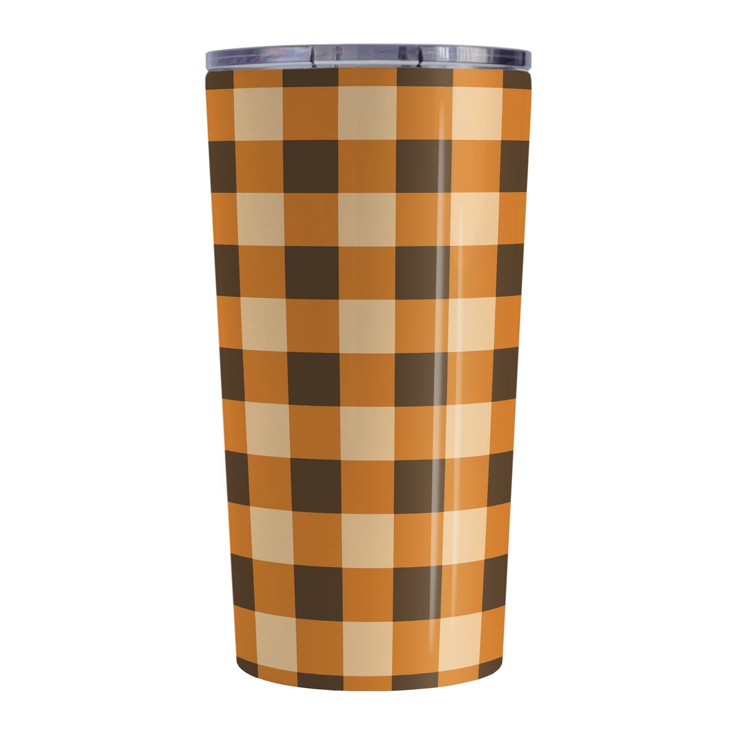 Brown and Orange Fall Buffalo Plaid Tumbler Cup (20oz, stainless steel insulated) at Amy's Coffee Mugs. A tumbler cup designed with a fall-inspired buffalo plaid (buffalo check) pattern in brown, orange, and beige. This pattern wraps around the cup.
