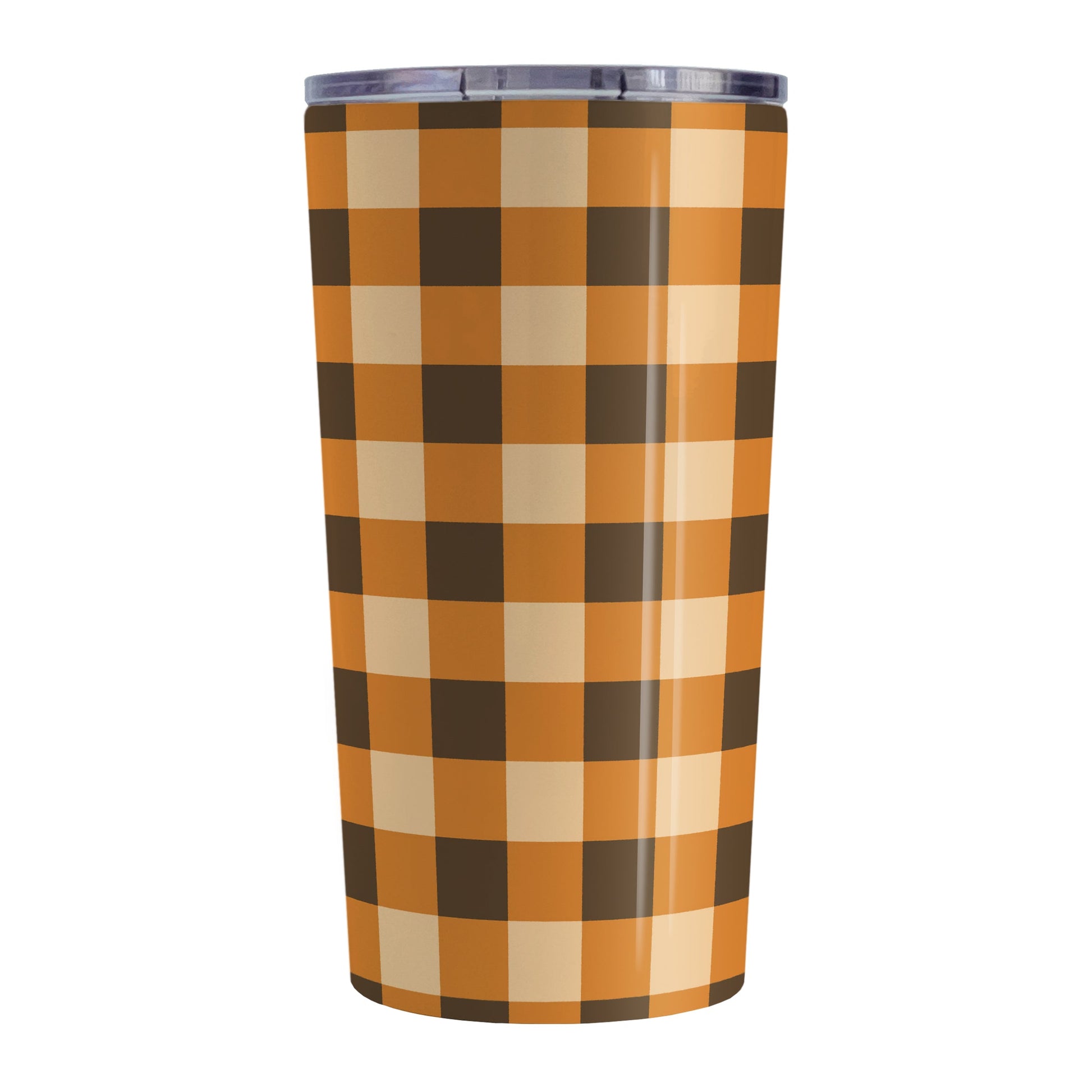 Brown and Orange Fall Buffalo Plaid Tumbler Cup (20oz, stainless steel insulated) at Amy's Coffee Mugs. A tumbler cup designed with a fall-inspired buffalo plaid (buffalo check) pattern in brown, orange, and beige. This pattern wraps around the cup.