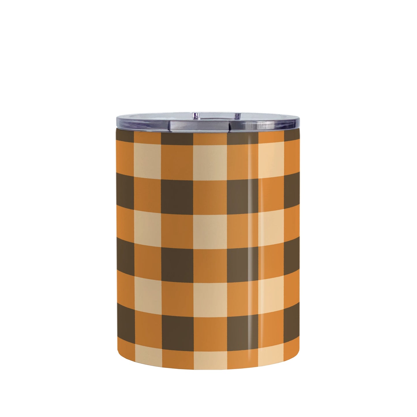 Brown and Orange Fall Buffalo Plaid Tumbler Cup (10oz, stainless steel insulated) at Amy's Coffee Mugs. A tumbler cup designed with a fall-inspired buffalo plaid (buffalo check) pattern in brown, orange, and beige. This pattern wraps around the cup.
