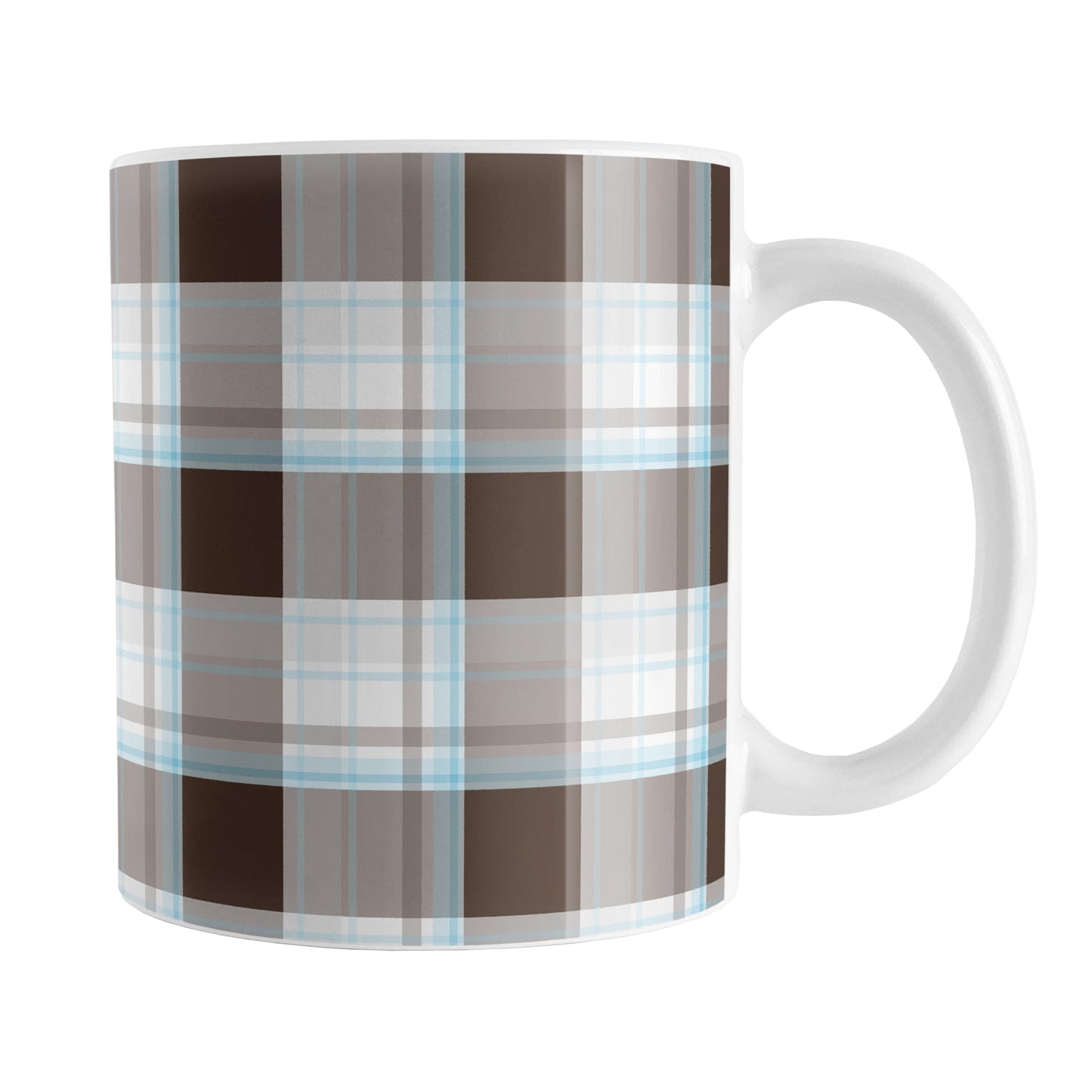 Brown Blue Plaid Mug (11oz) at Amy's Coffee Mugs. A ceramic coffee mug designed with a traditional plaid pattern in varying shades of brown with accents of blue that wraps around the mug up to the handle.