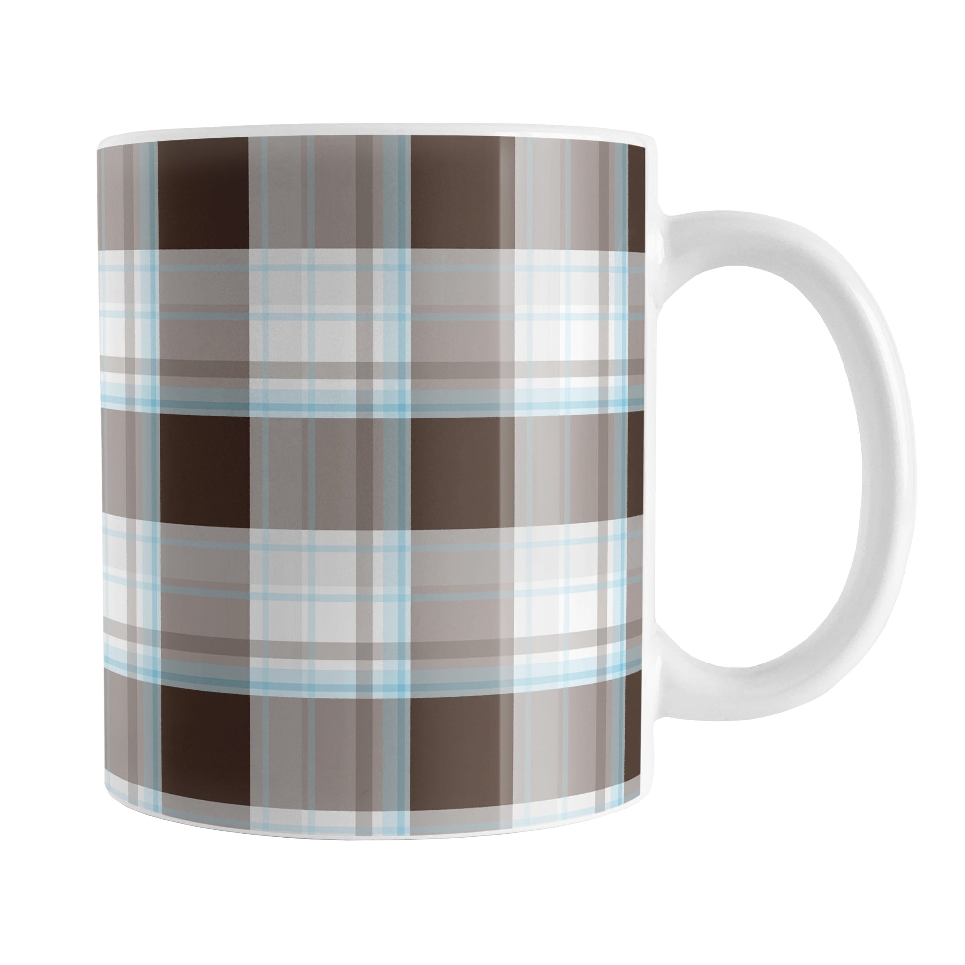 Brown Blue Plaid Mug (11oz) at Amy's Coffee Mugs. A ceramic coffee mug designed with a traditional plaid pattern in varying shades of brown with accents of blue that wraps around the mug up to the handle.