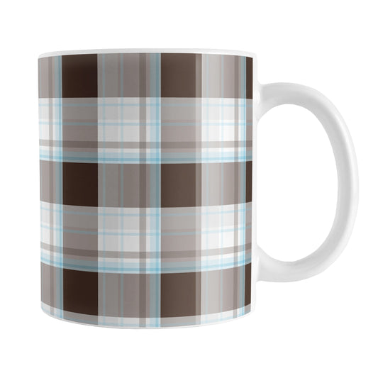Brown Blue Plaid Mug (11oz) at Amy's Coffee Mugs. A ceramic coffee mug designed with a traditional plaid pattern in varying shades of brown with accents of blue that wraps around the mug up to the handle.