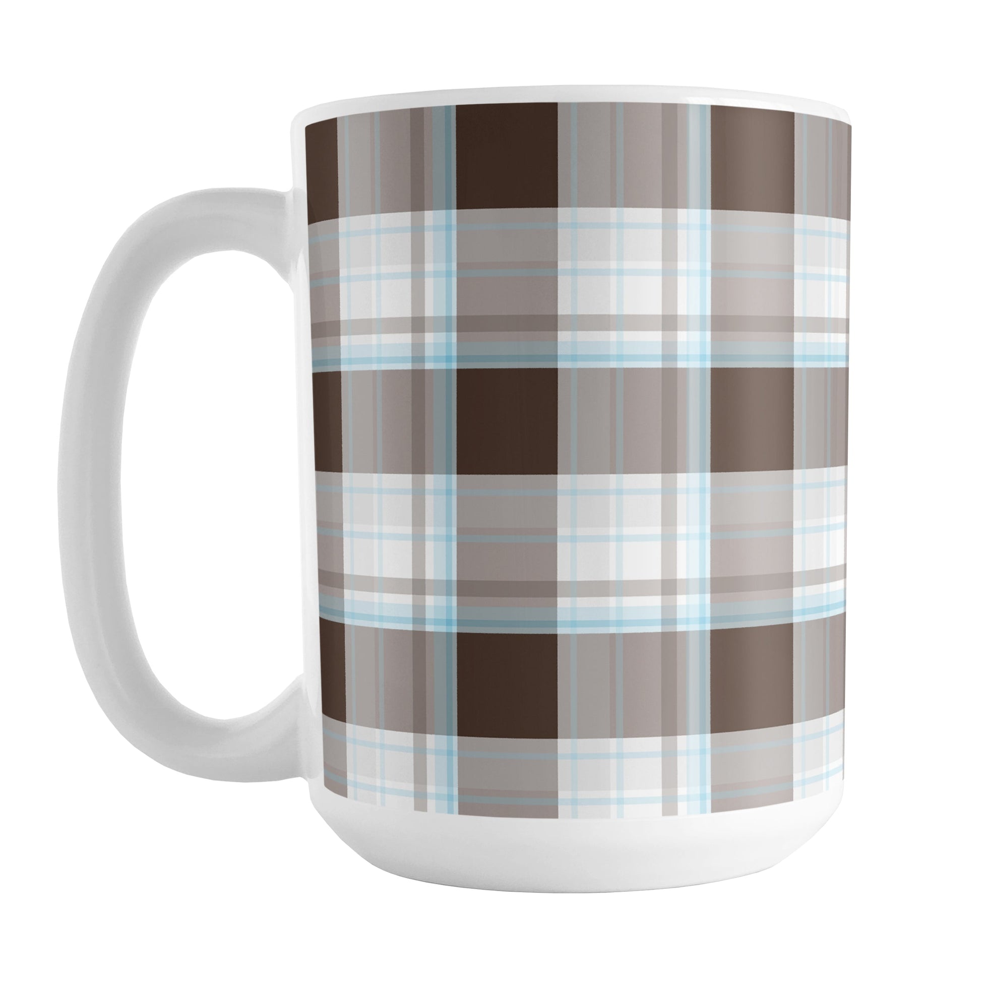 Brown Blue Plaid Mug (15oz) at Amy's Coffee Mugs. A ceramic coffee mug designed with a traditional plaid pattern in varying shades of brown with accents of blue that wraps around the mug up to the handle.