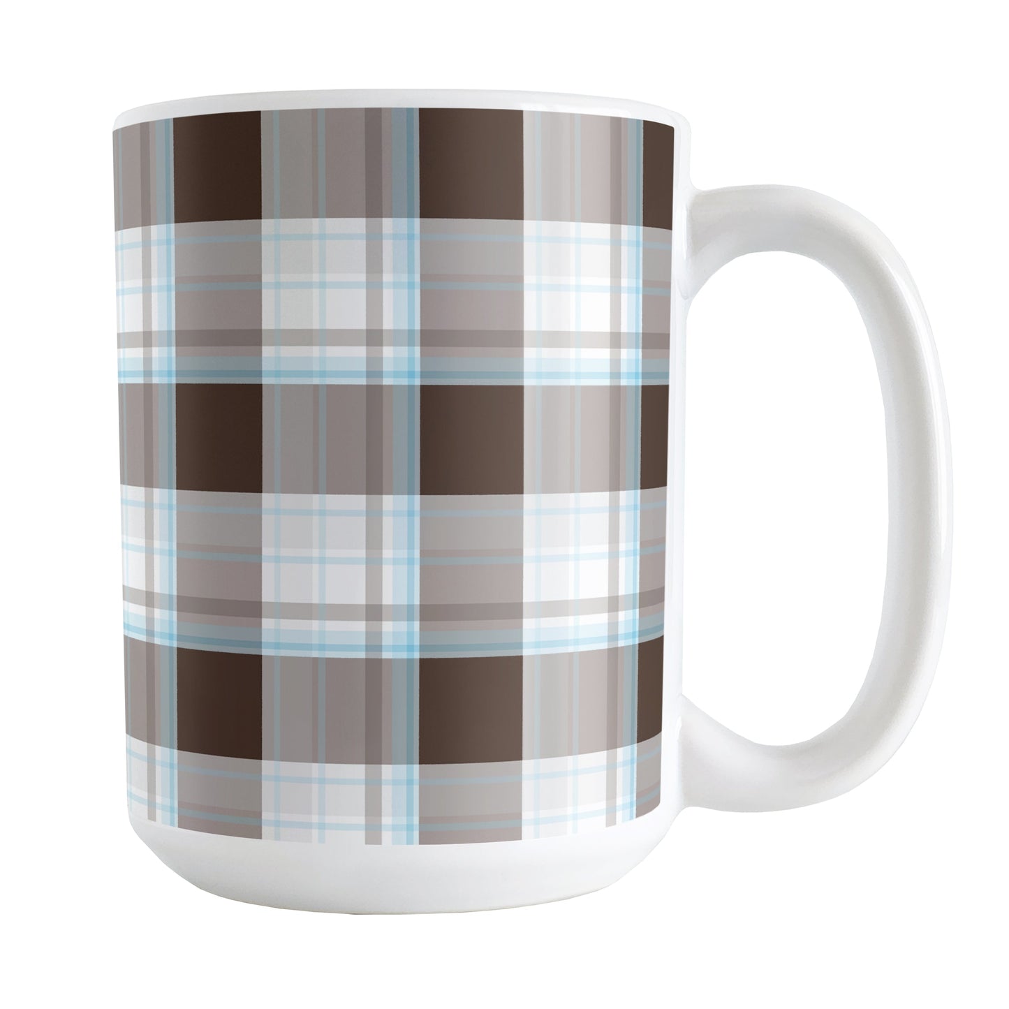Brown Blue Plaid Mug (15oz) at Amy's Coffee Mugs. A ceramic coffee mug designed with a traditional plaid pattern in varying shades of brown with accents of blue that wraps around the mug up to the handle.