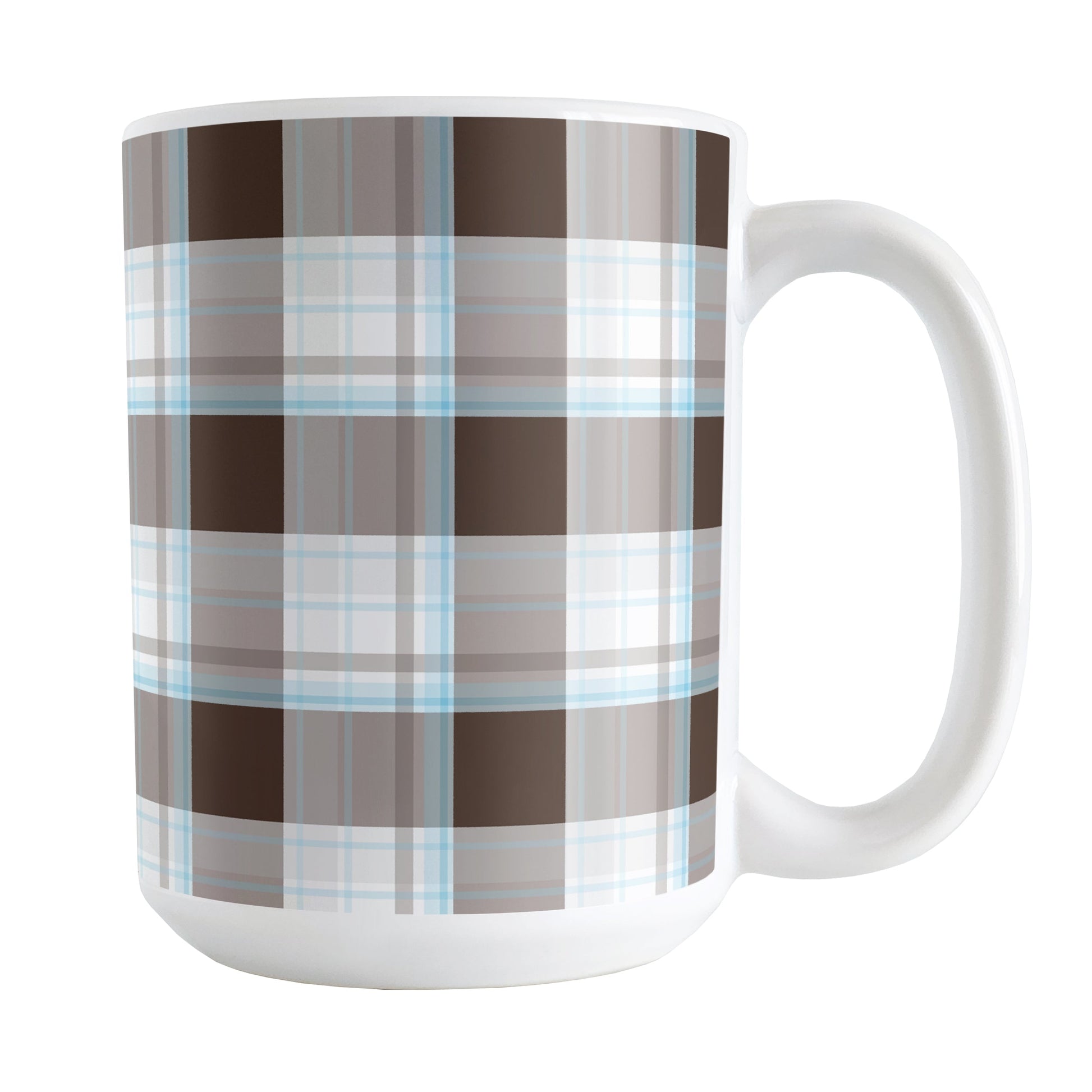 Brown Blue Plaid Mug (15oz) at Amy's Coffee Mugs. A ceramic coffee mug designed with a traditional plaid pattern in varying shades of brown with accents of blue that wraps around the mug up to the handle.