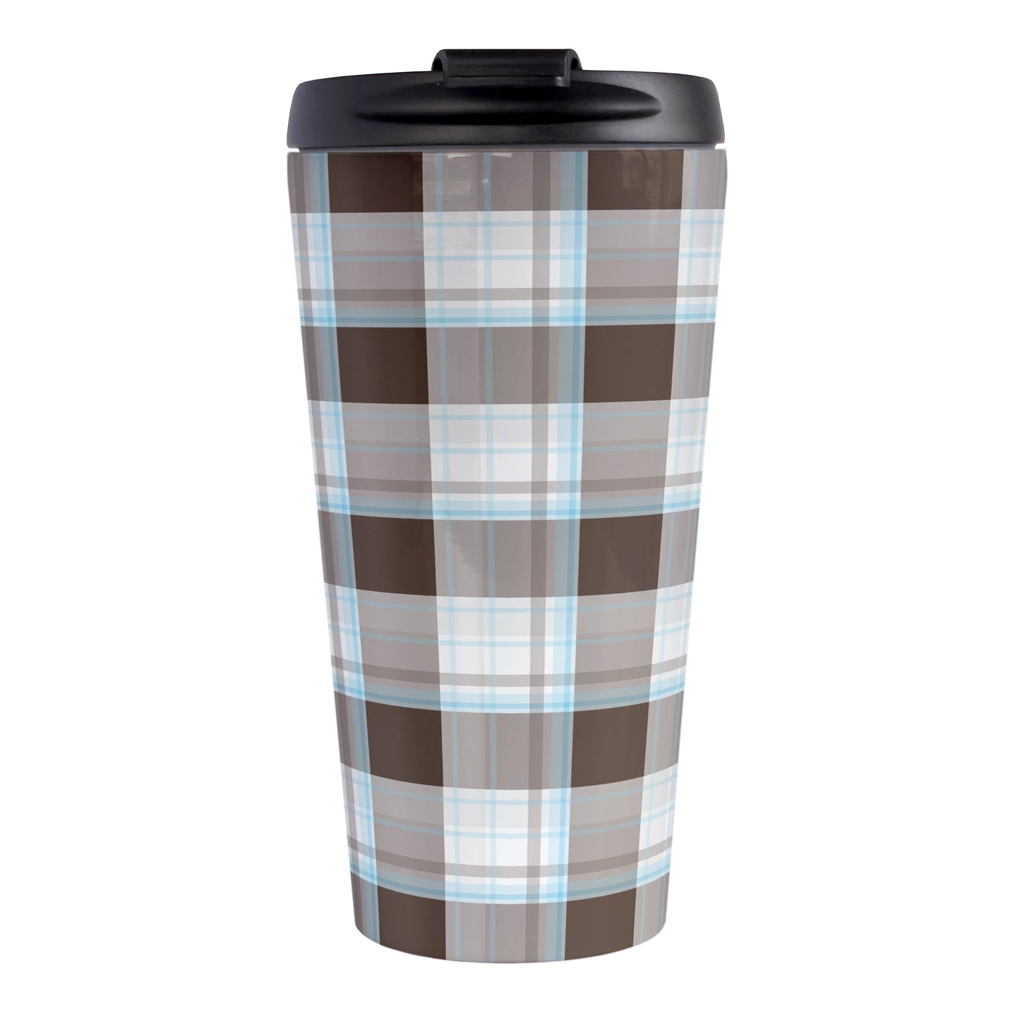 Brown Blue Plaid Travel Mug (15oz, stainless steel insulated) at Amy's Coffee Mugs. A travel mug designed with a traditional plaid pattern in varying shades of brown with accents of blue that wraps around the travel mug.