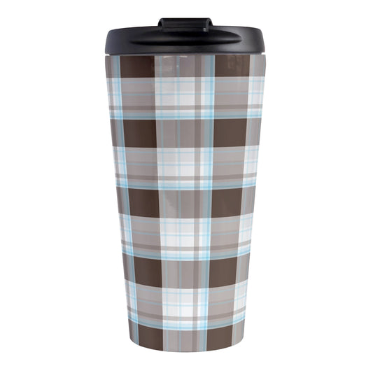 Brown Blue Plaid Travel Mug (15oz, stainless steel insulated) at Amy's Coffee Mugs. A travel mug designed with a traditional plaid pattern in varying shades of brown with accents of blue that wraps around the travel mug.