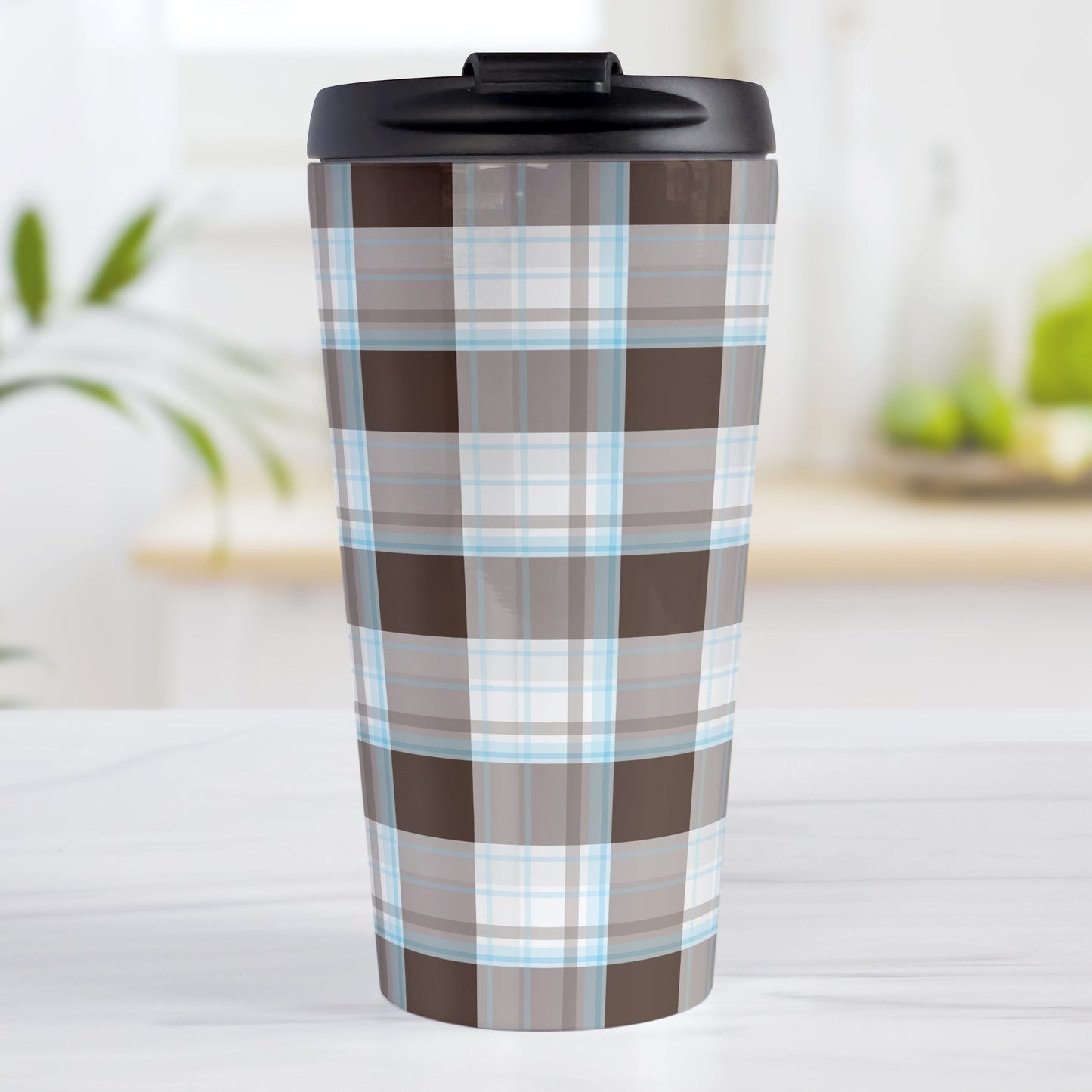 Brown Blue Plaid Travel Mug (15oz, stainless steel insulated) at Amy's Coffee Mugs. A travel mug designed with a traditional plaid pattern in varying shades of brown with accents of blue that wraps around the travel mug.
