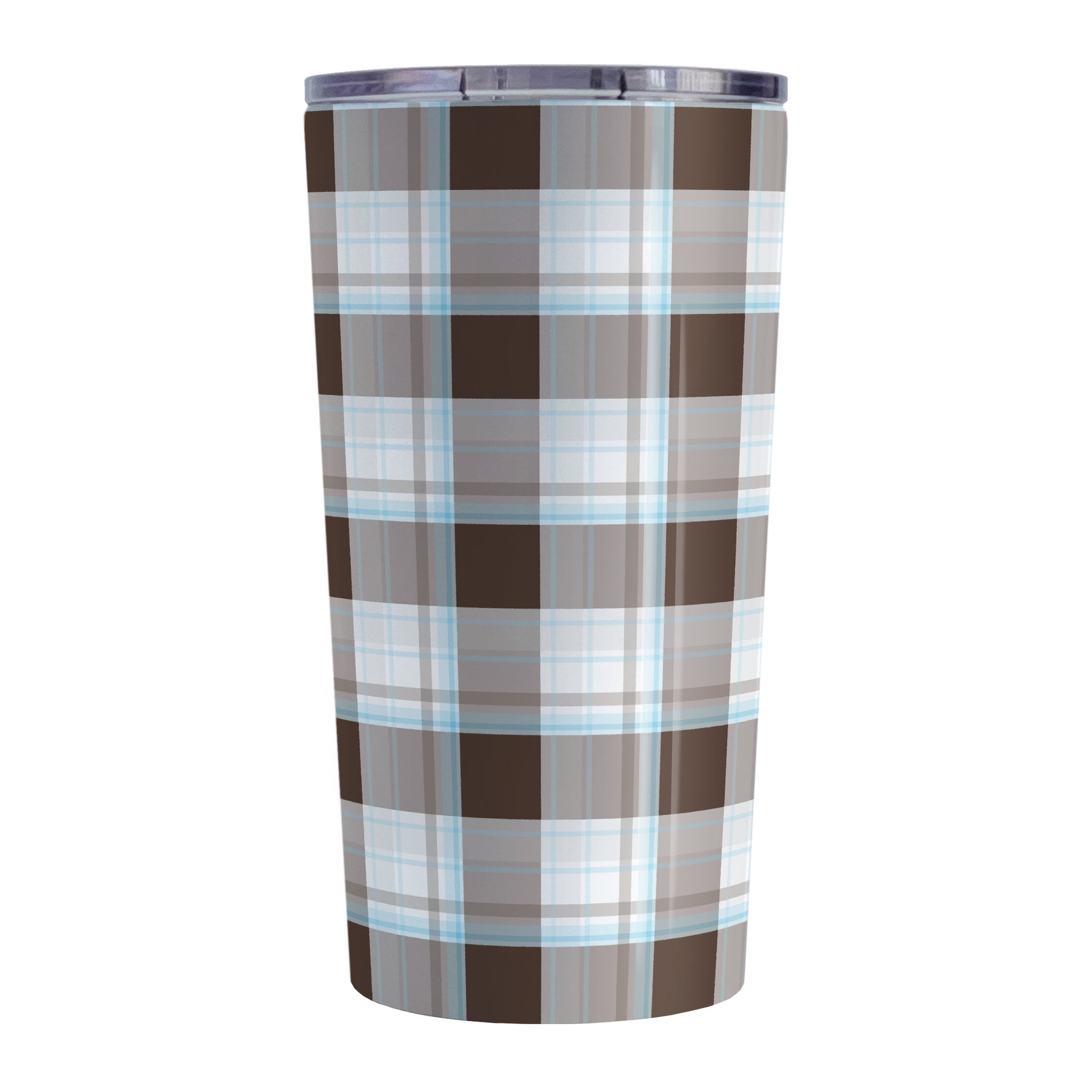 Brown Blue Plaid Tumbler Cup (20oz) at Amy's Coffee Mugs. A stainless steel insulated tumbler cup designed with a brown plaid pattern with blue accents that wraps around the cup.