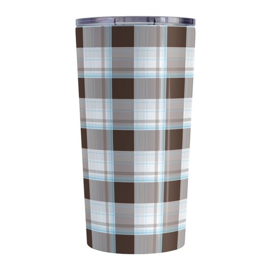 Brown Blue Plaid Tumbler Cup (20oz) at Amy's Coffee Mugs. A stainless steel insulated tumbler cup designed with a brown plaid pattern with blue accents that wraps around the cup.