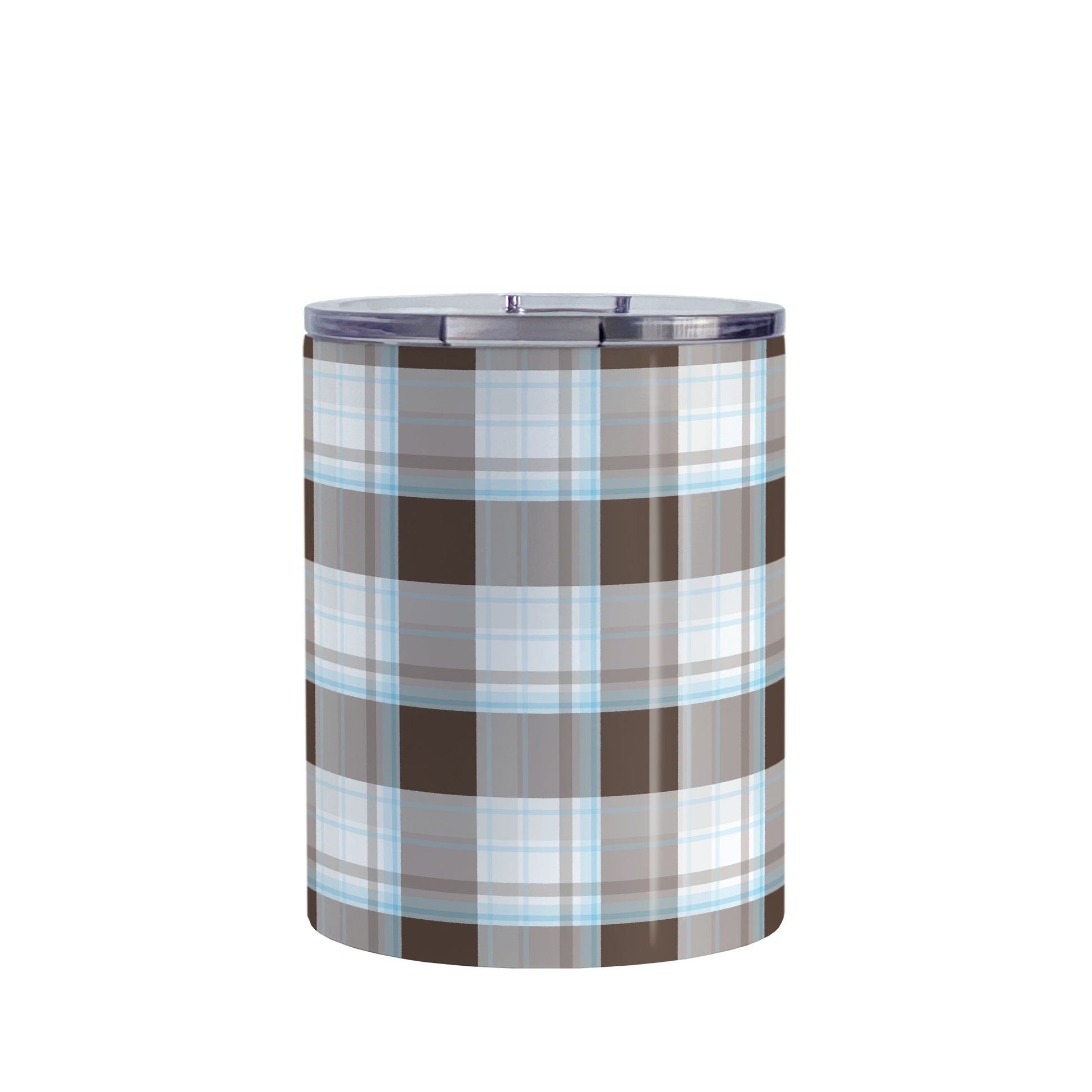 Brown Blue Plaid Tumbler Cup (10oz) at Amy's Coffee Mugs. A stainless steel insulated tumbler cup designed with a brown plaid pattern with blue accents that wraps around the cup.