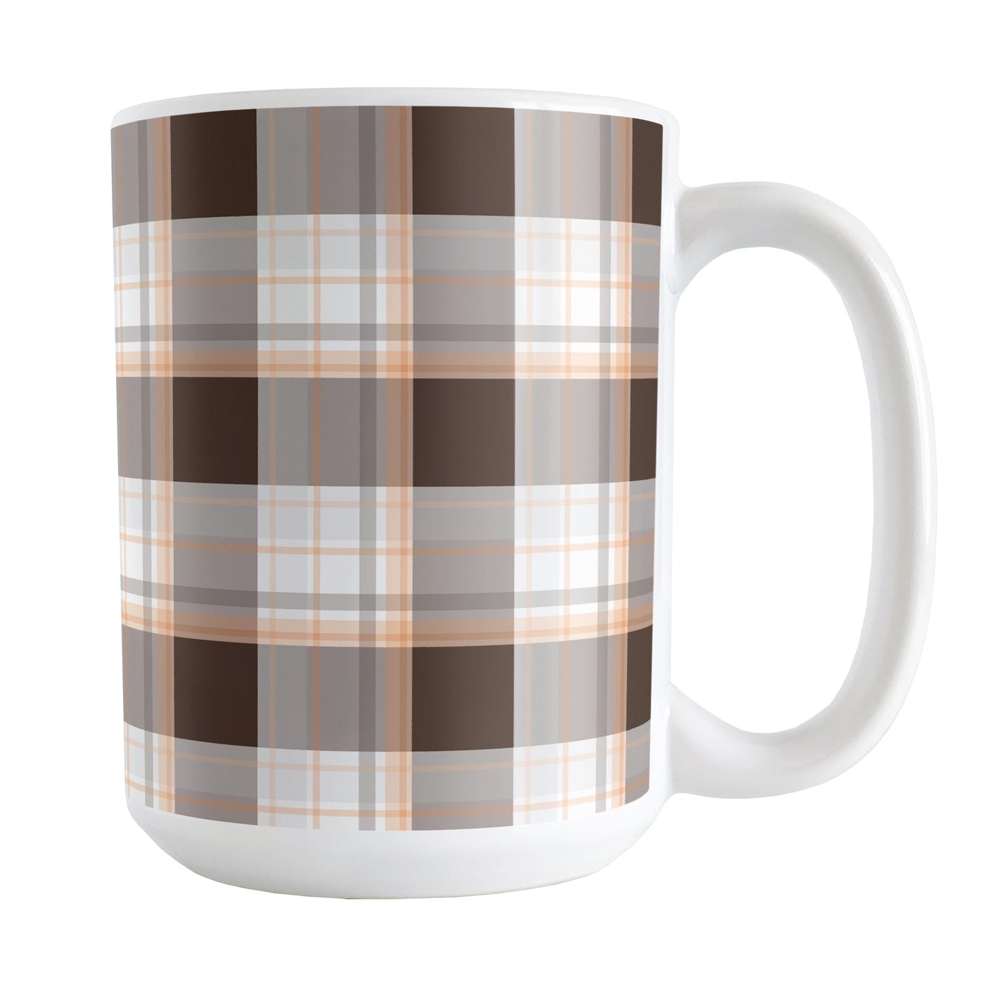 Brown Orange Plaid Mug (15oz) at Amy's Coffee Mugs. A ceramic coffee mug designed with a traditional plaid pattern in varying shades of brown with accents of orange that wraps around the mug up to the handle.