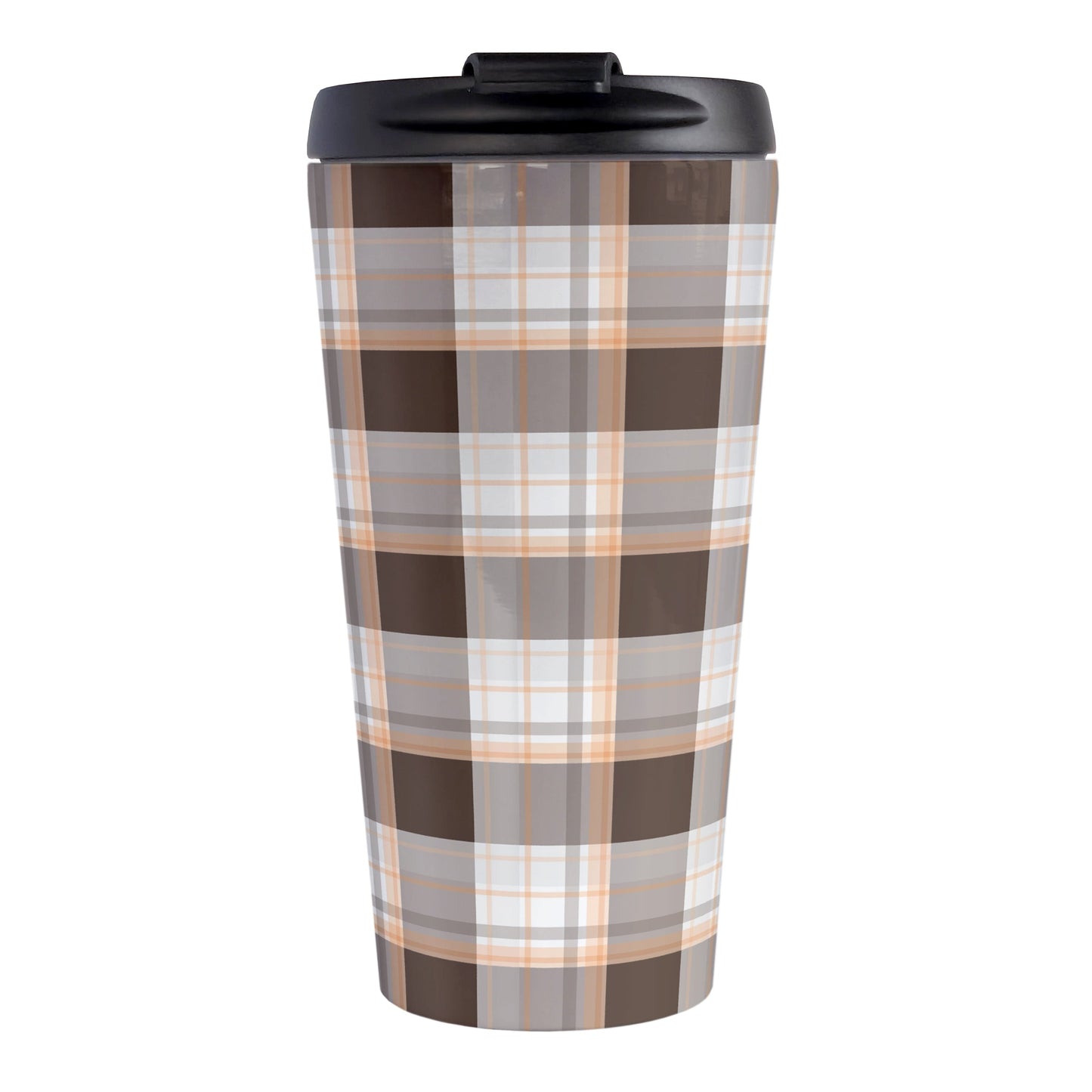 Brown Orange Plaid Travel Mug (15oz, stainless steel insulated) at Amy's Coffee Mugs. A travel mug designed with a traditional plaid pattern in varying shades of brown with accents of orange that wraps around the travel mug.