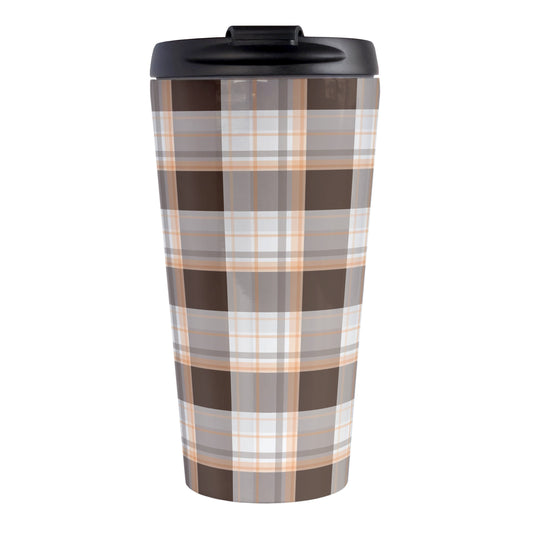 Brown Orange Plaid Travel Mug (15oz, stainless steel insulated) at Amy's Coffee Mugs. A travel mug designed with a traditional plaid pattern in varying shades of brown with accents of orange that wraps around the travel mug.