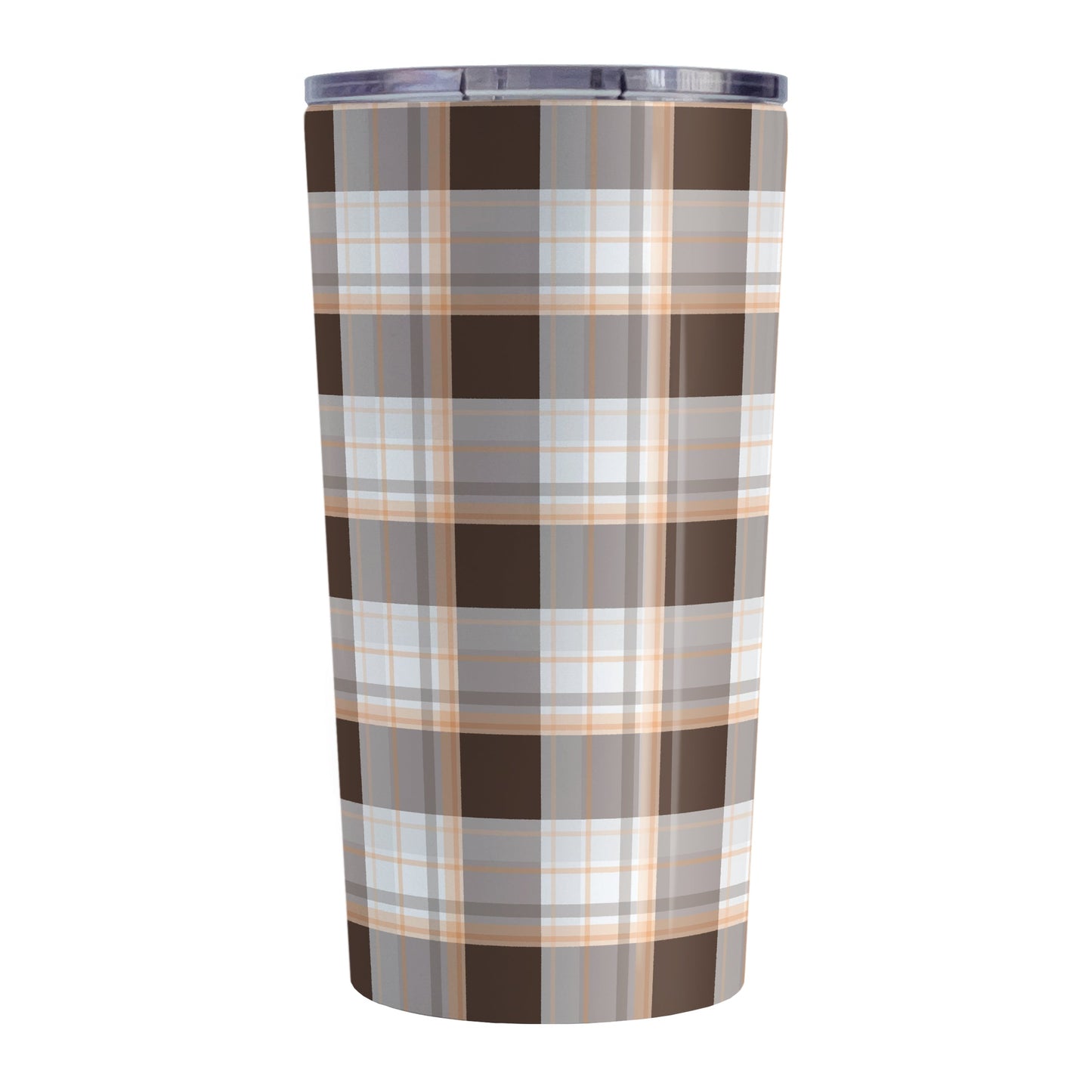 Brown Orange Plaid Tumbler Cup (20oz) at Amy's Coffee Mugs. A stainless steel insulated tumbler cup designed with a brown plaid pattern with orange accents that wraps around the cup.