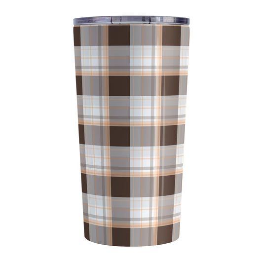 Brown Orange Plaid Tumbler Cup (20oz) at Amy's Coffee Mugs. A stainless steel insulated tumbler cup designed with a brown plaid pattern with orange accents that wraps around the cup.