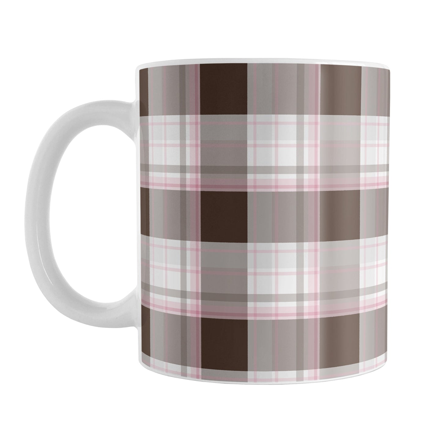 Brown Pink Plaid Mug (11oz) at Amy's Coffee Mugs. A ceramic coffee mug designed with a traditional plaid pattern in varying shades of brown with accents of pink that wraps around the mug up to the handle.